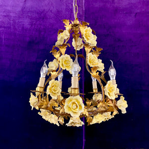 Beautiful Antique Porcelain Flower Brass Cage Chandelier