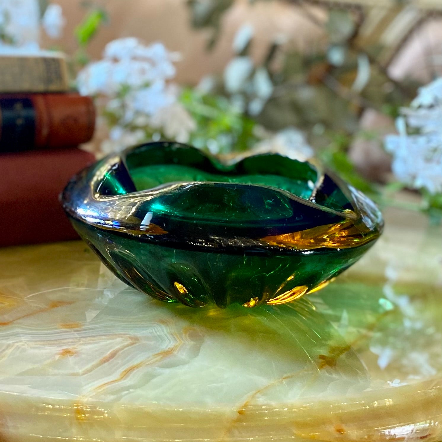 Vintage Emerald and Amber Murano Ashtray