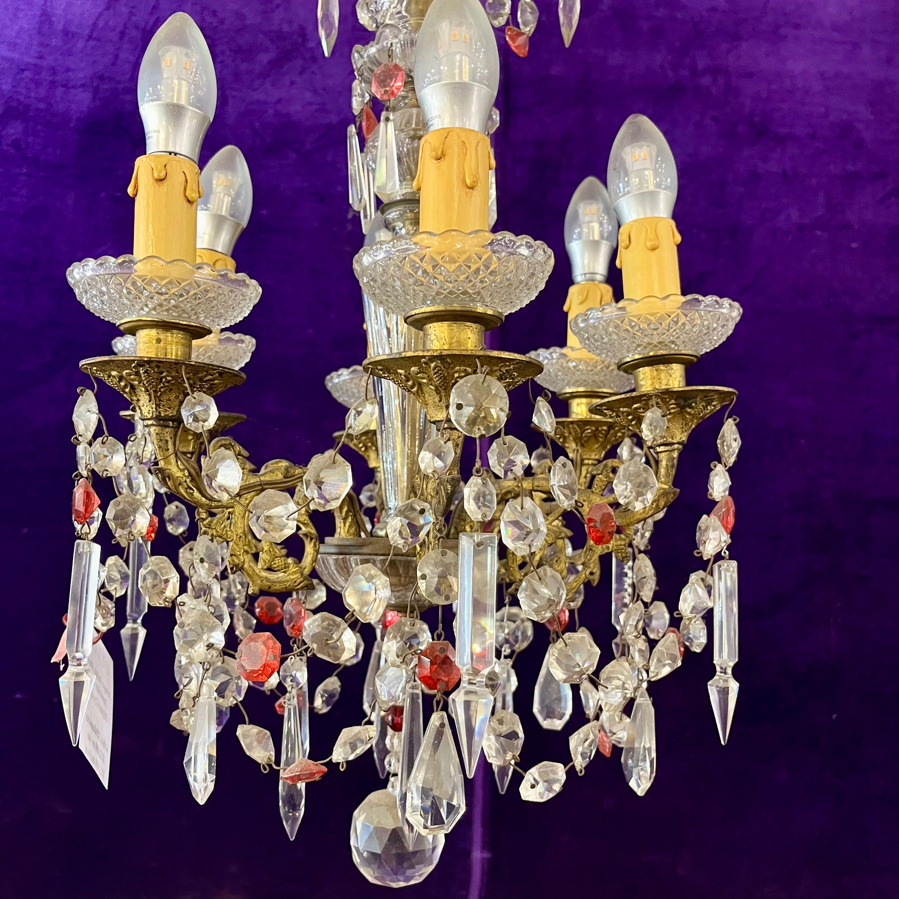 Antique Italian Brass Chandelier with Original Crystals