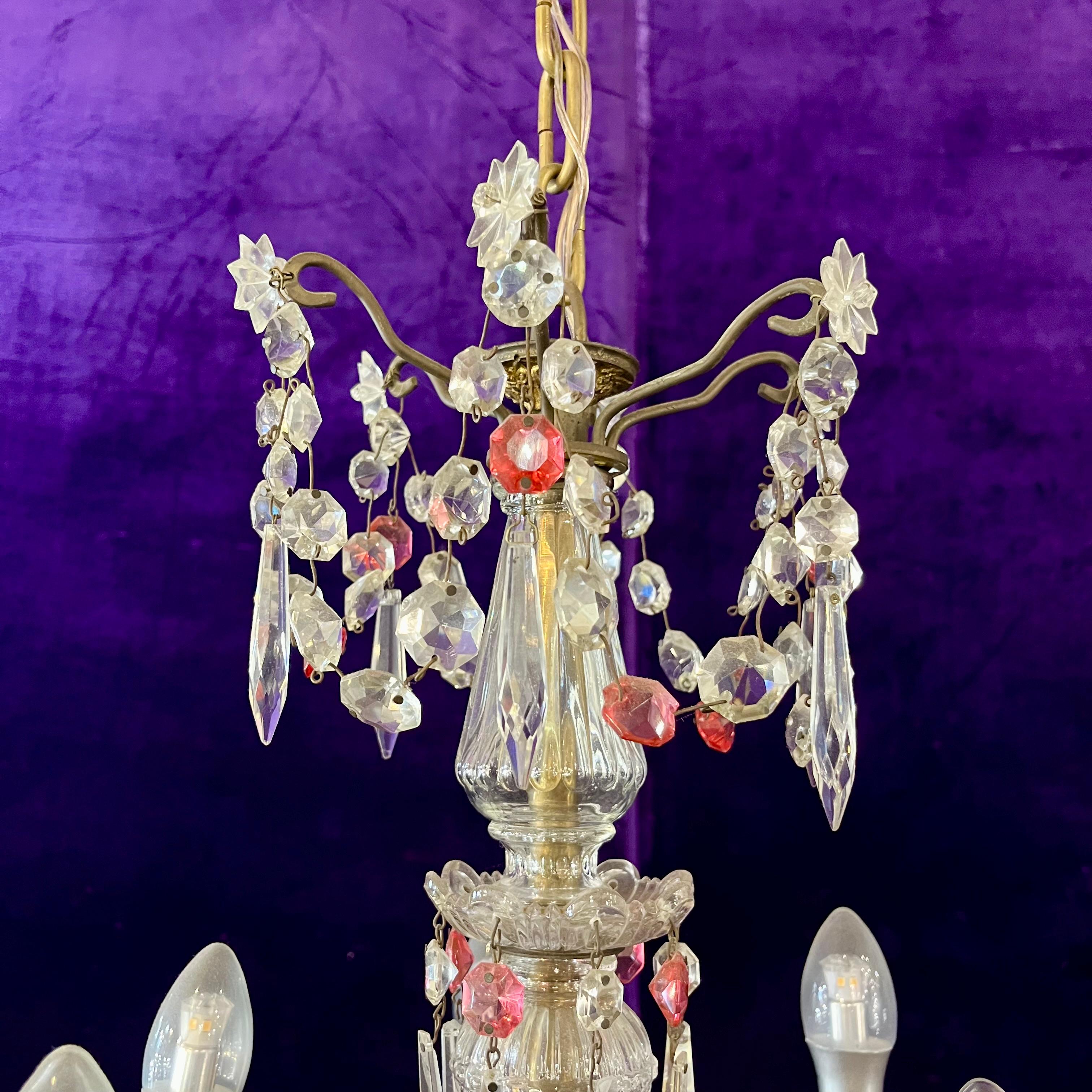 Antique Italian Brass Chandelier with Original Crystals