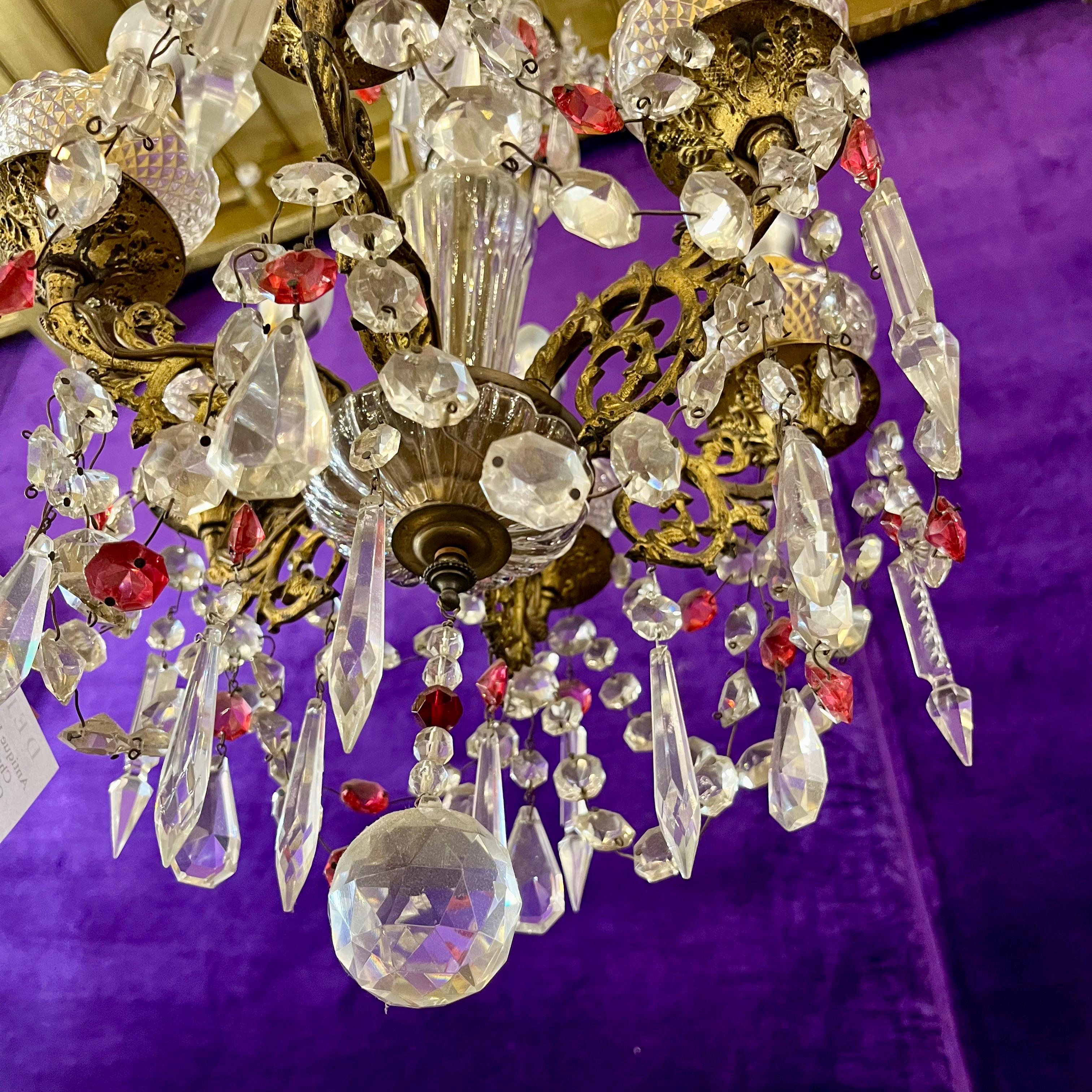 Antique Italian Brass Chandelier with Original Crystals