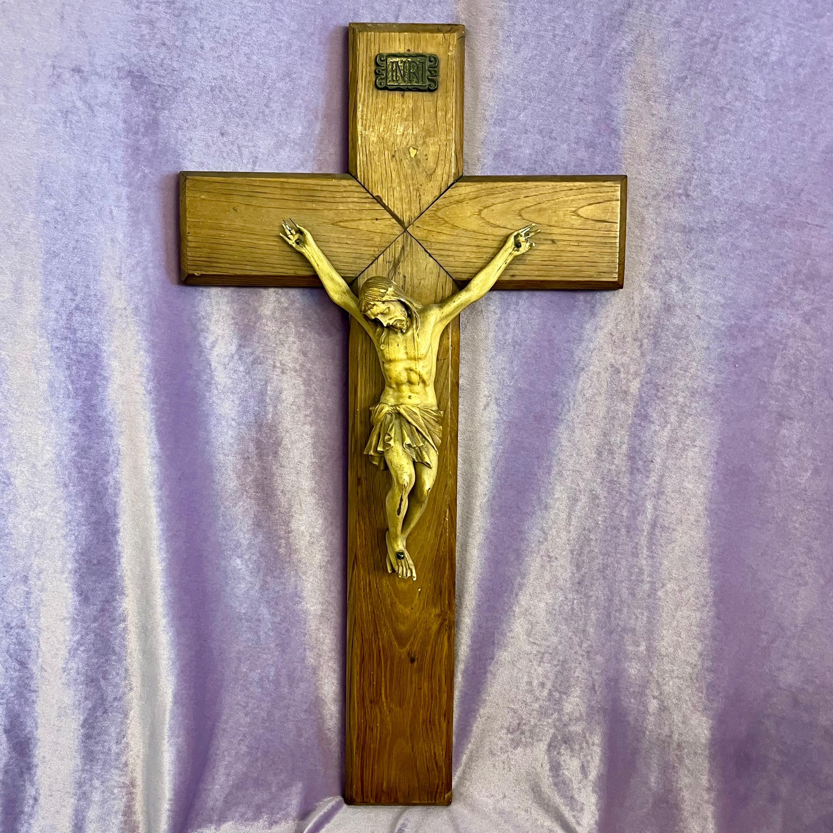 Antique Wooden Crucifix with Ivory-Toned Corpus