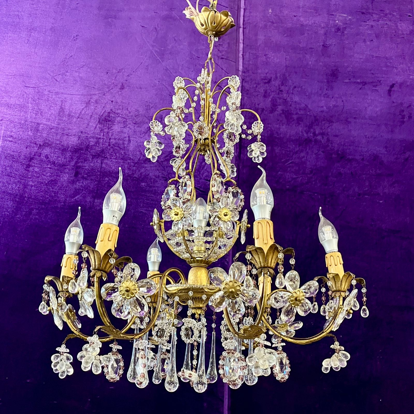 Italian Gilt Metal and Crystal Flower Chandelier, Mid-20th Century
