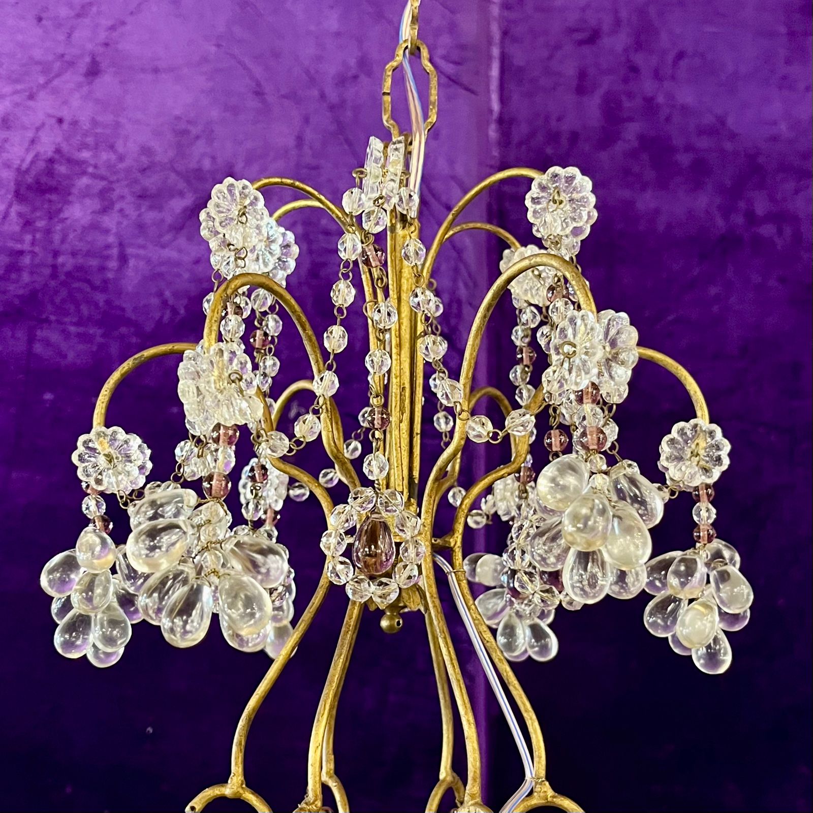Italian Gilt Metal and Crystal Flower Chandelier, Mid-20th Century