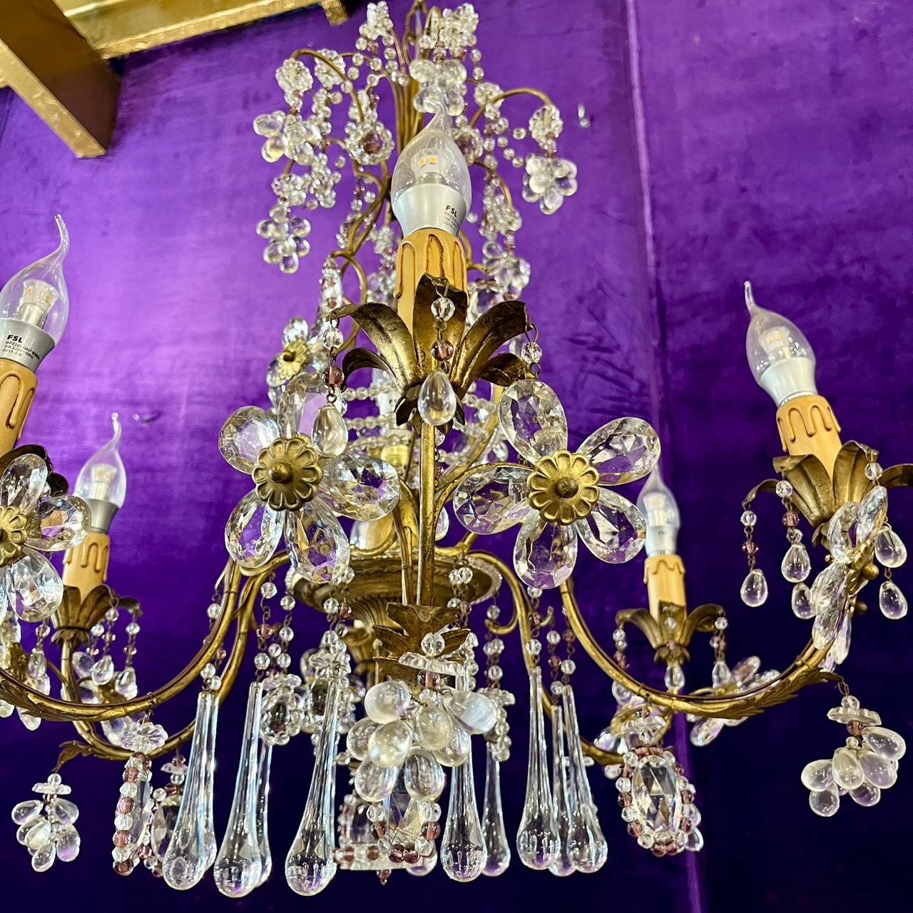 Italian Gilt Metal and Crystal Flower Chandelier, Mid-20th Century