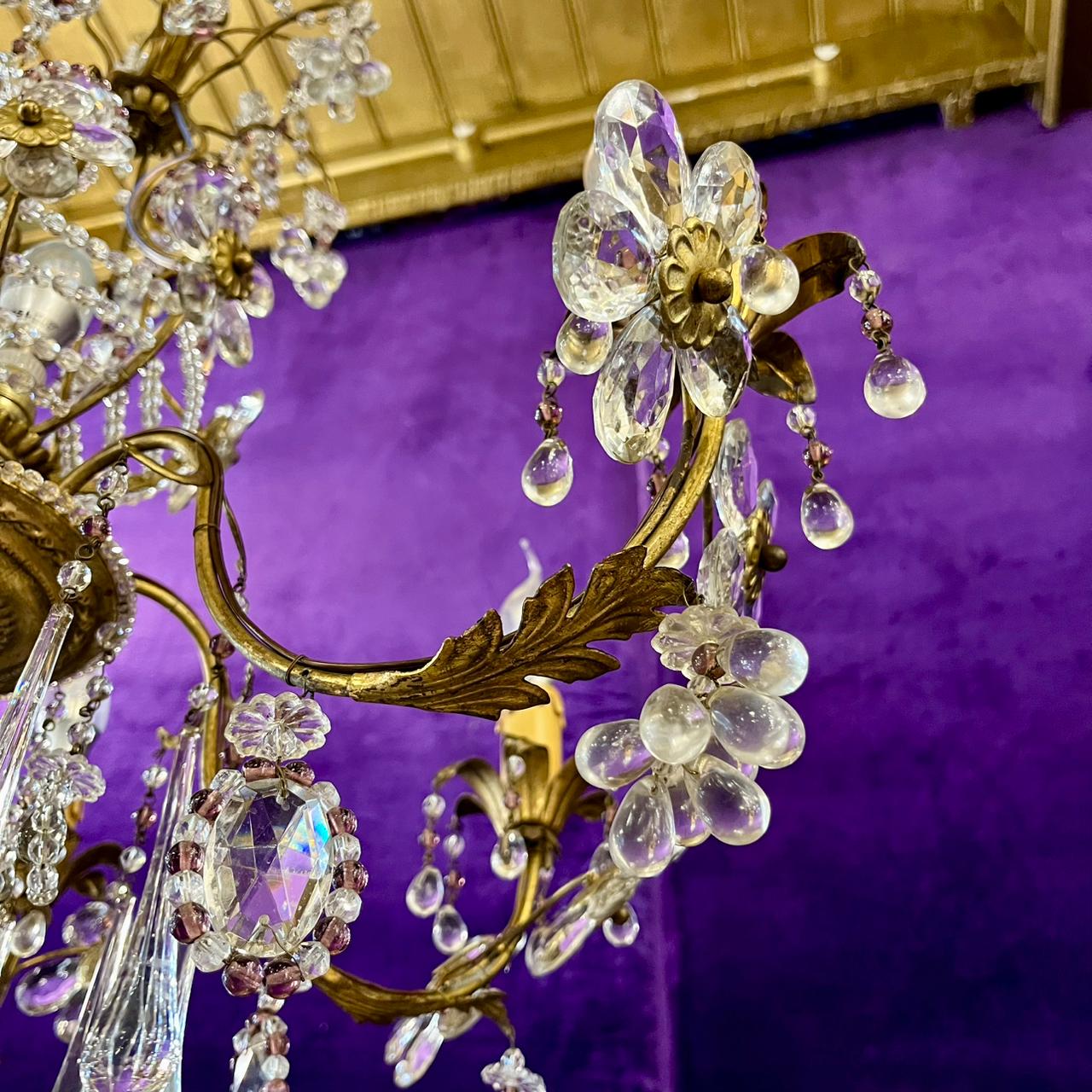 Italian Gilt Metal and Crystal Flower Chandelier, Mid-20th Century