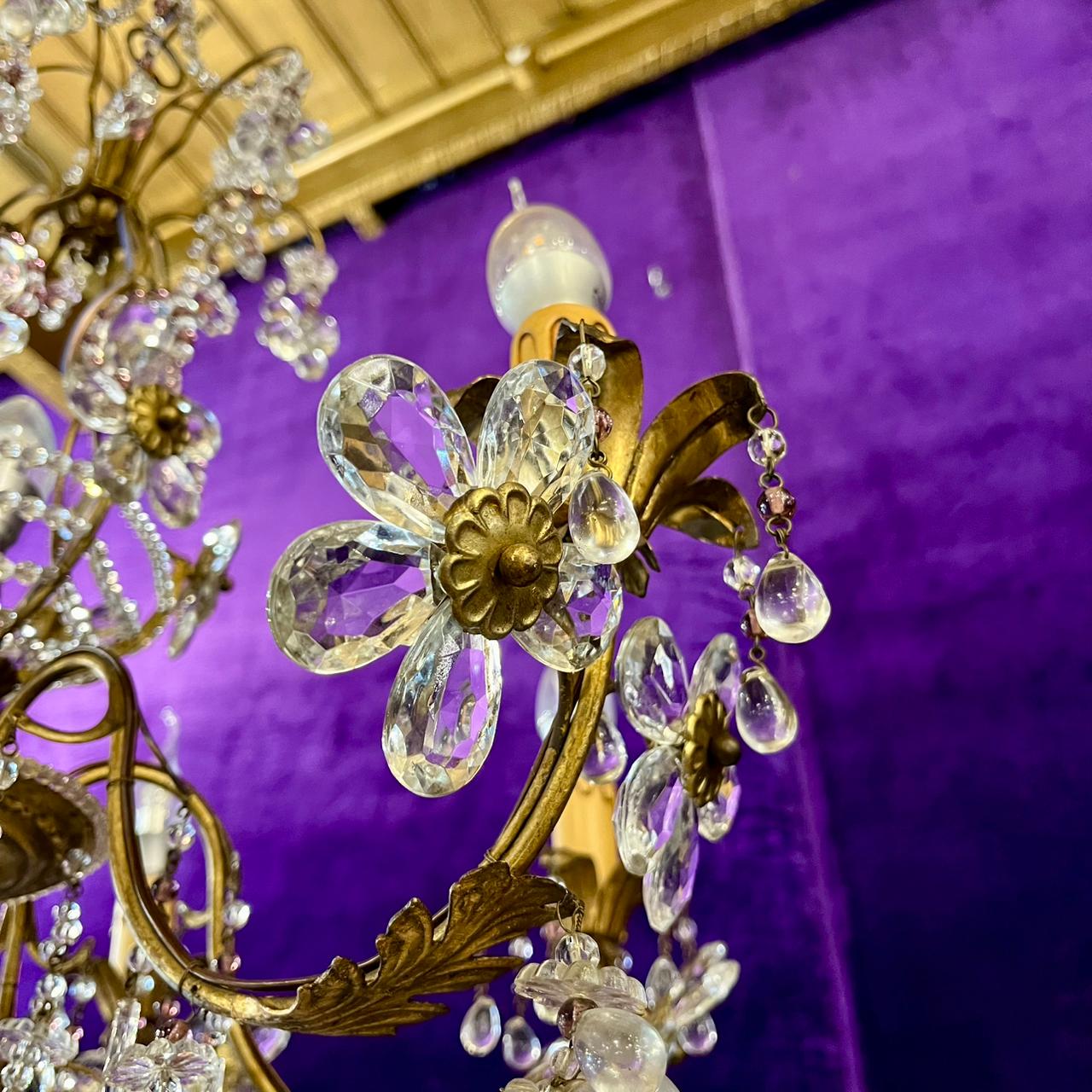 Italian Gilt Metal and Crystal Flower Chandelier, Mid-20th Century