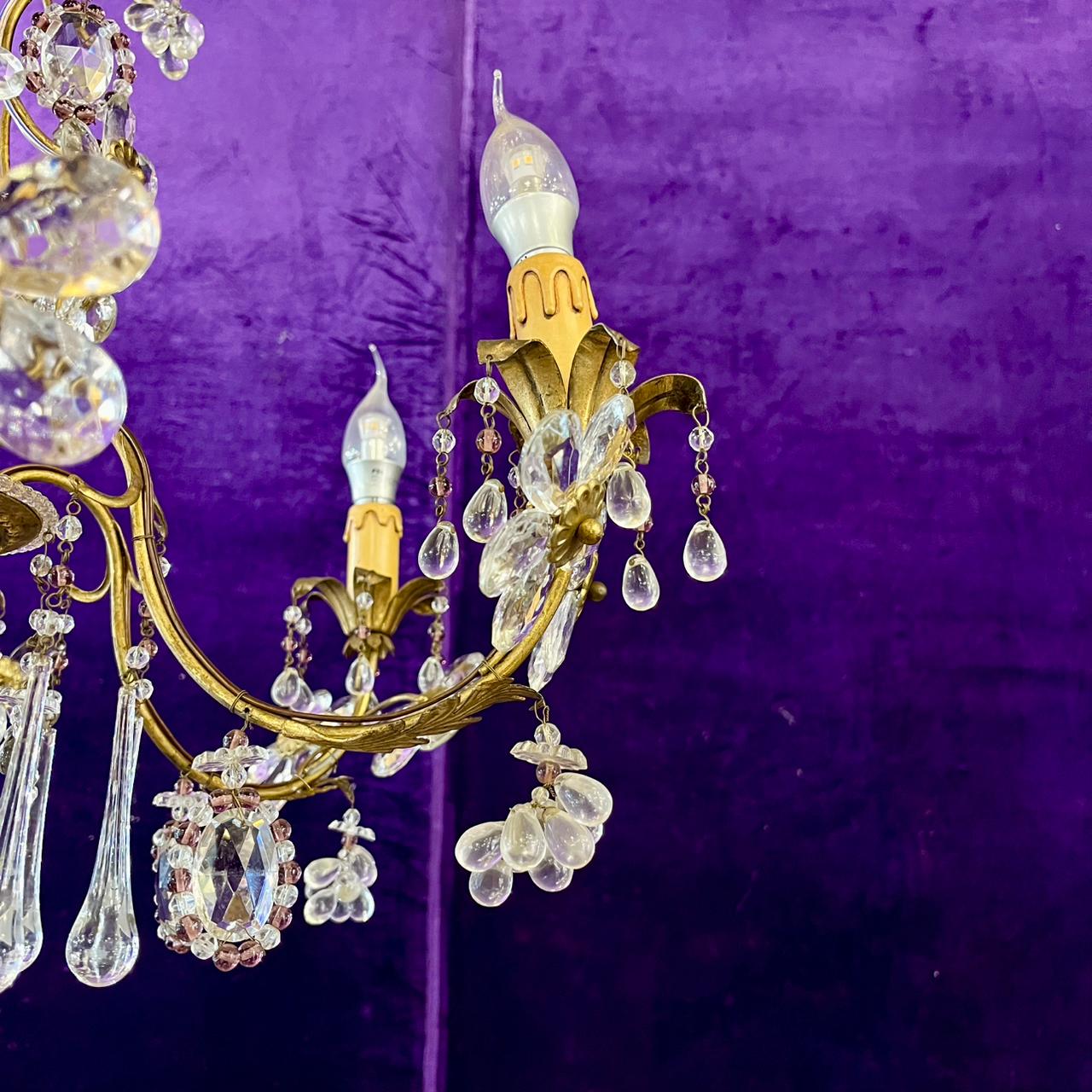 Italian Gilt Metal and Crystal Flower Chandelier, Mid-20th Century