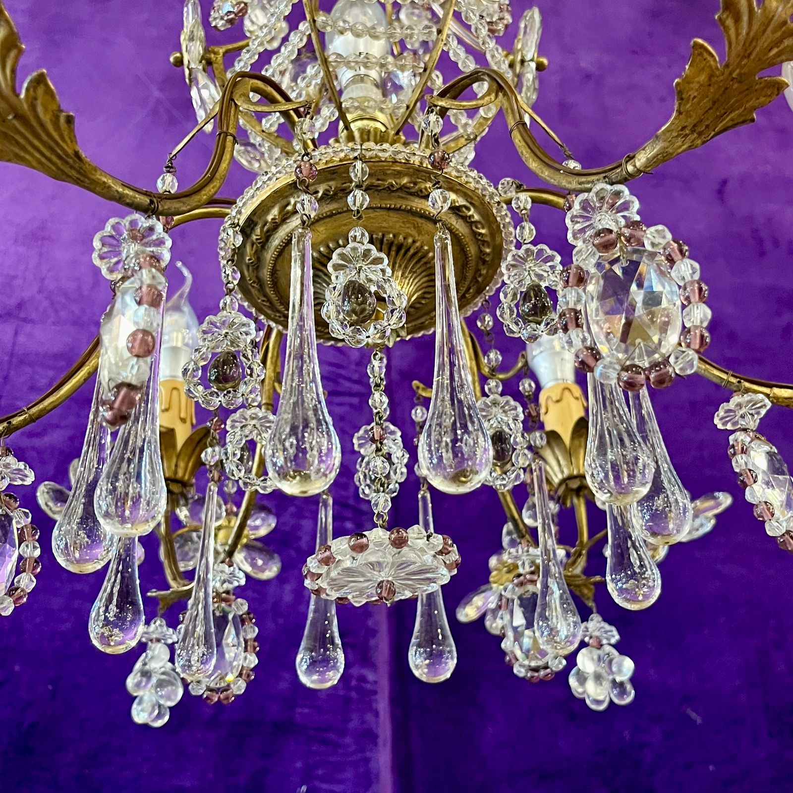 Italian Gilt Metal and Crystal Flower Chandelier, Mid-20th Century