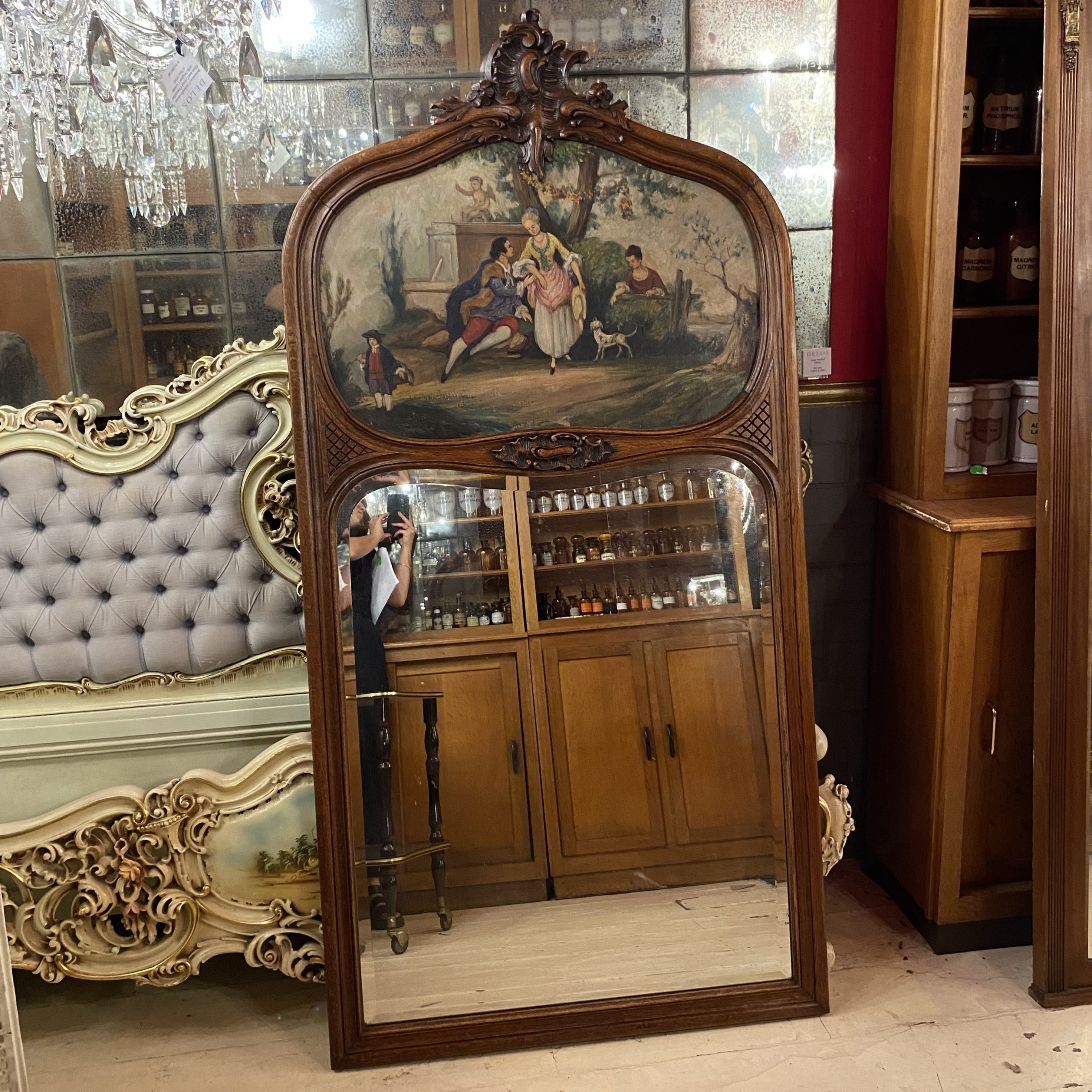 Stunning Antique Walnut Trumeau Mirror with Hand Painted Artwork