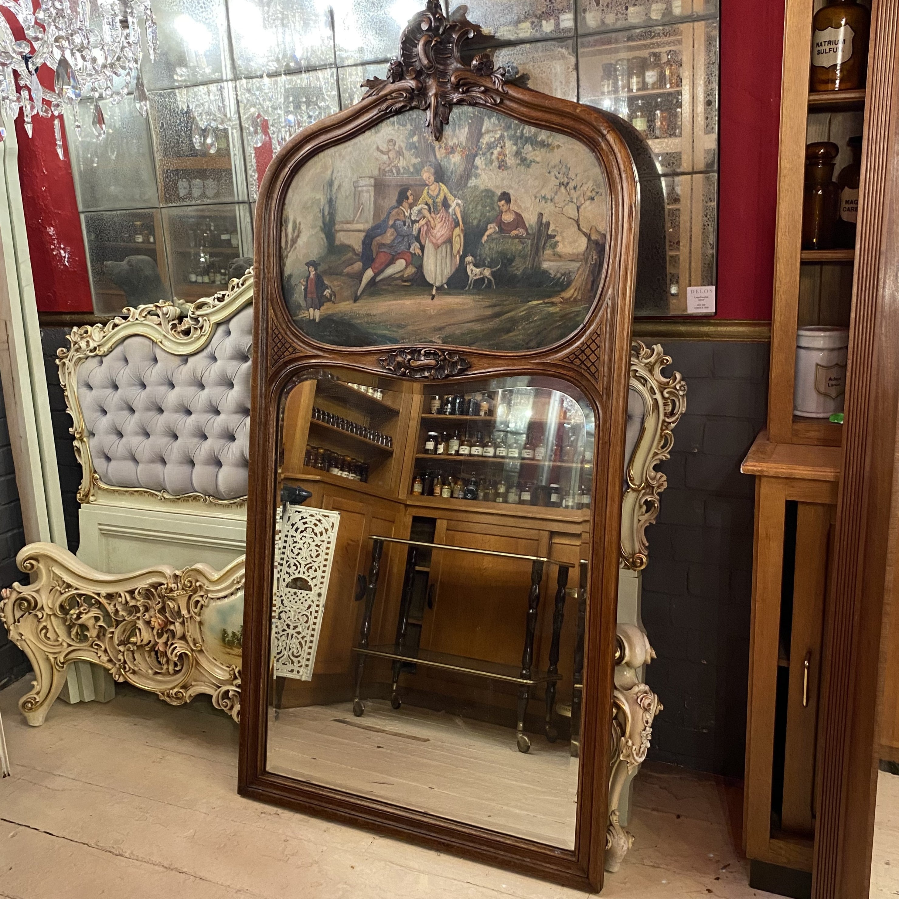 Stunning Antique Walnut Trumeau Mirror with Hand Painted Artwork