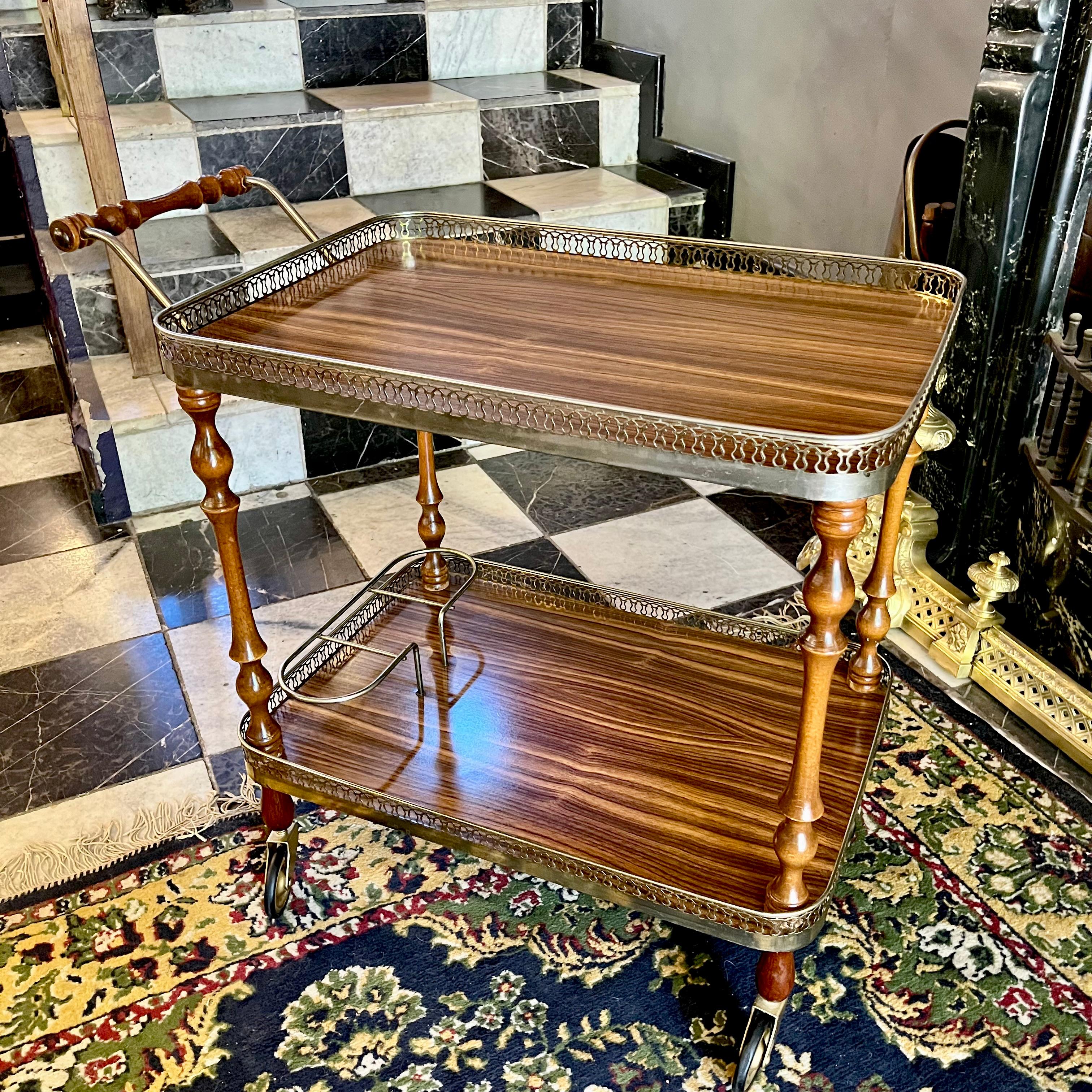 Vintage Two-Tier Drinks Trolley with Brass Gallery, c. 1960s - SOLD