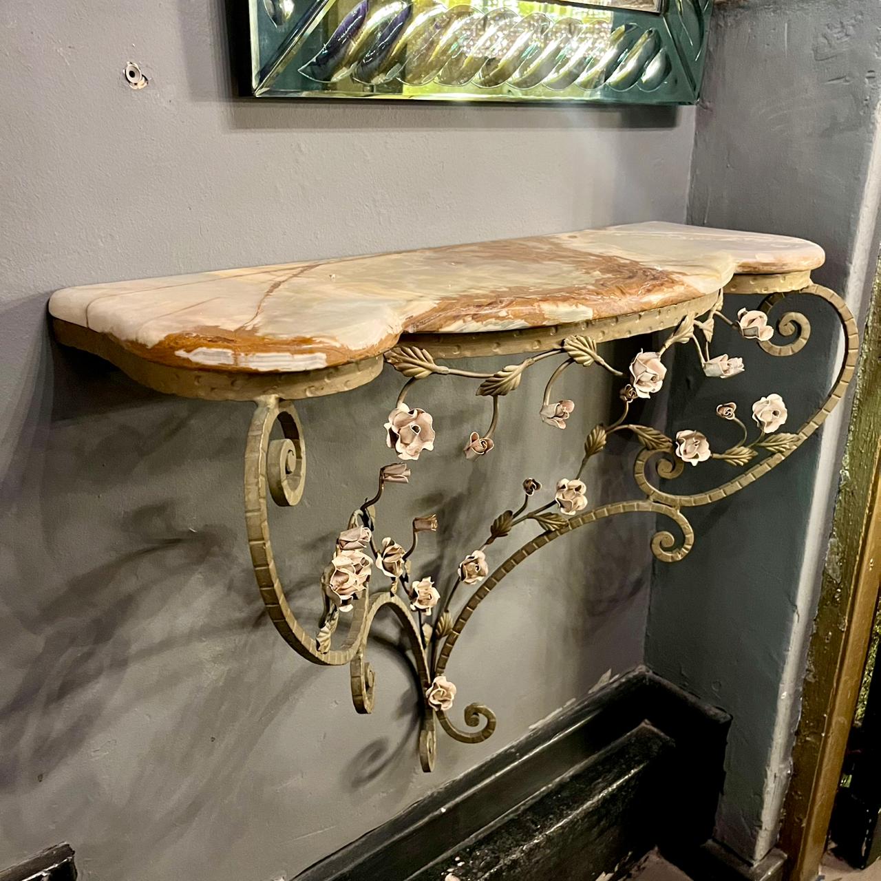 Elegant Wrought Iron Rose Adorned Console with Caramel Latte Mottled Marble top