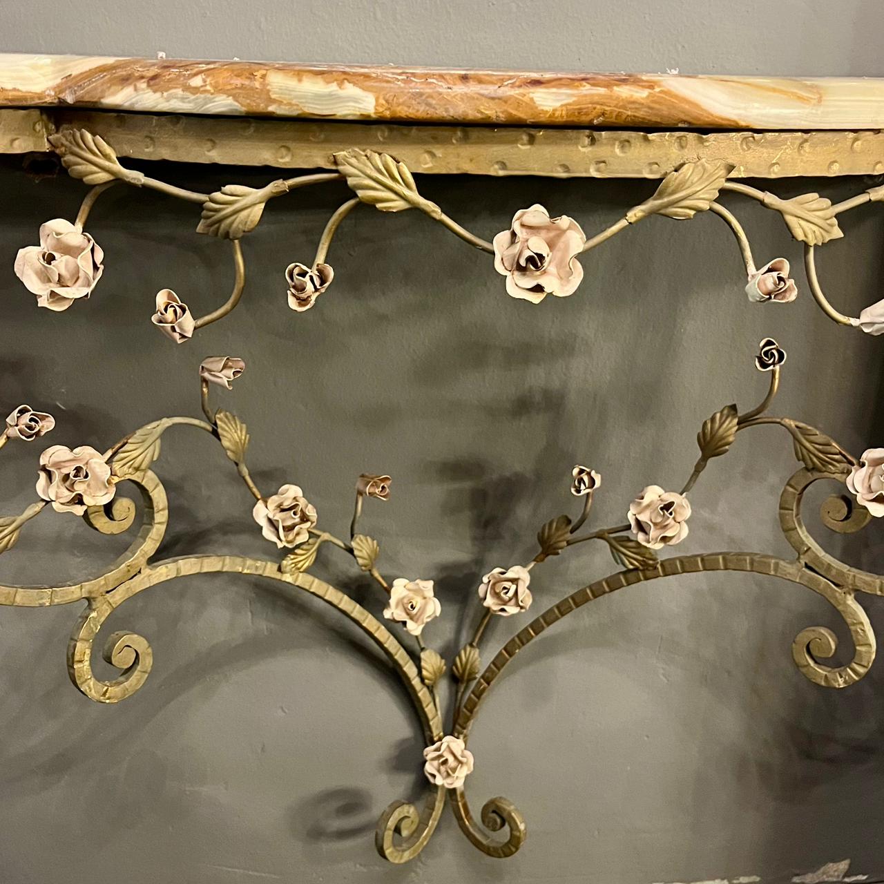 Elegant Wrought Iron Rose Adorned Console with Caramel Latte Mottled Marble top