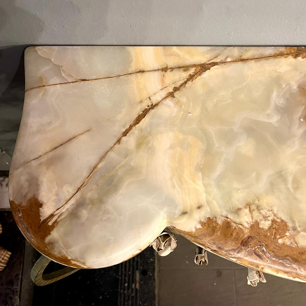 Elegant Wrought Iron Rose Adorned Console with Caramel Latte Mottled Marble top