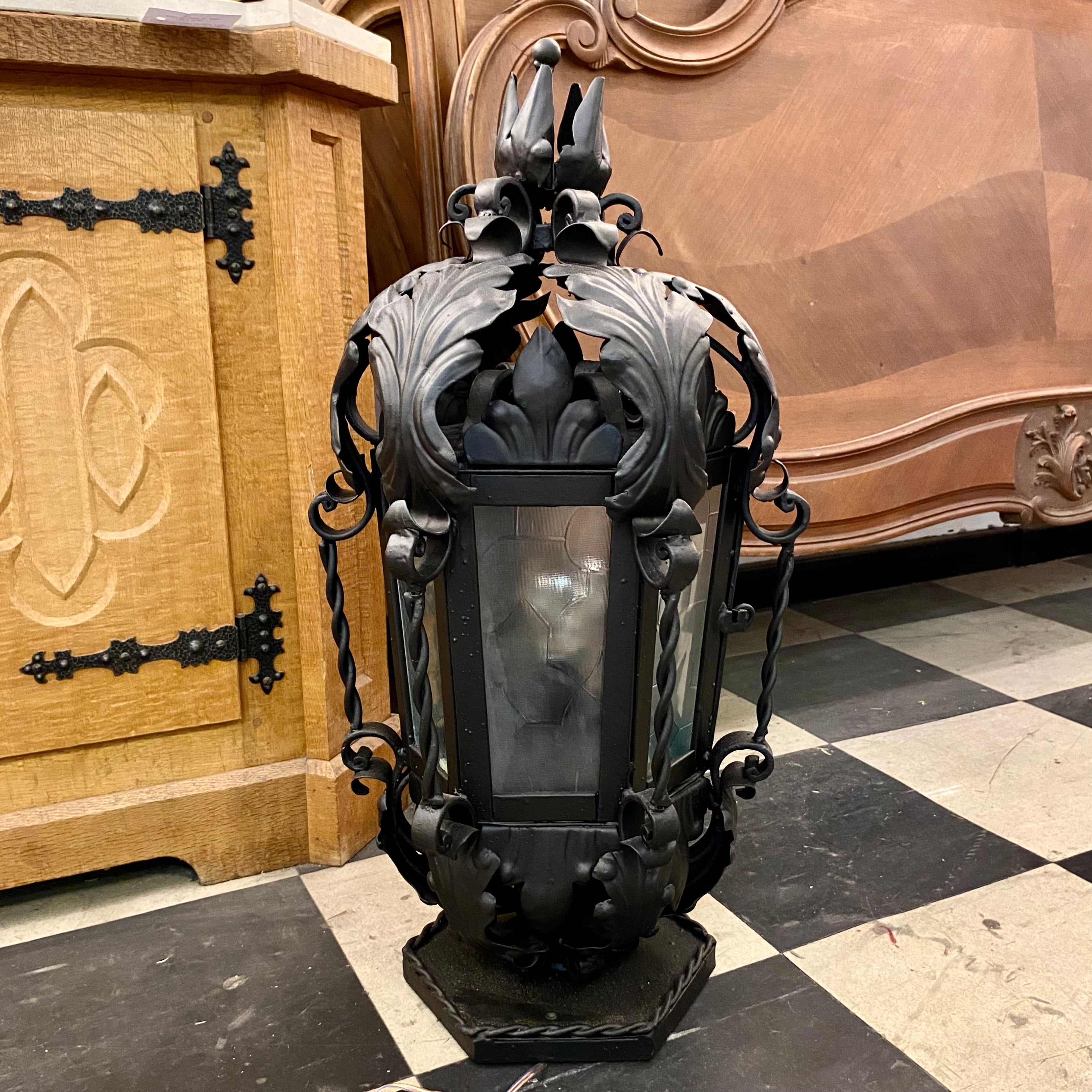 Antique Wrought Iron Lanterns with Aged Glass