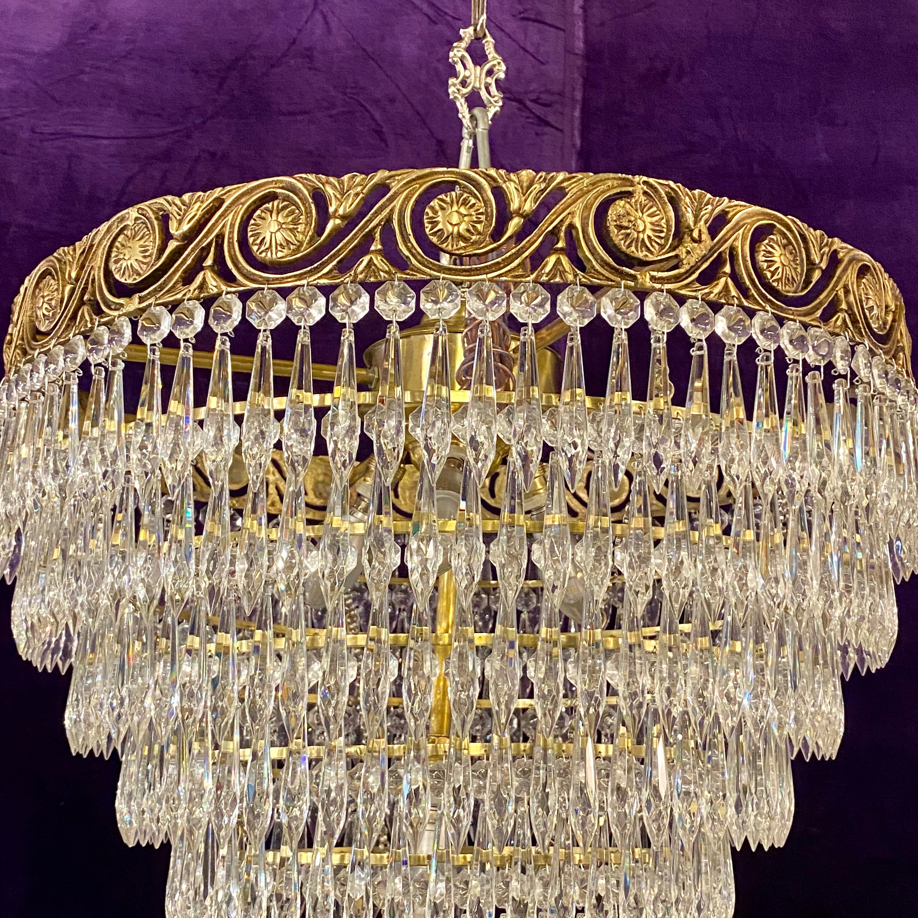 Aged Brass and Crystal Waterfall Chandelier