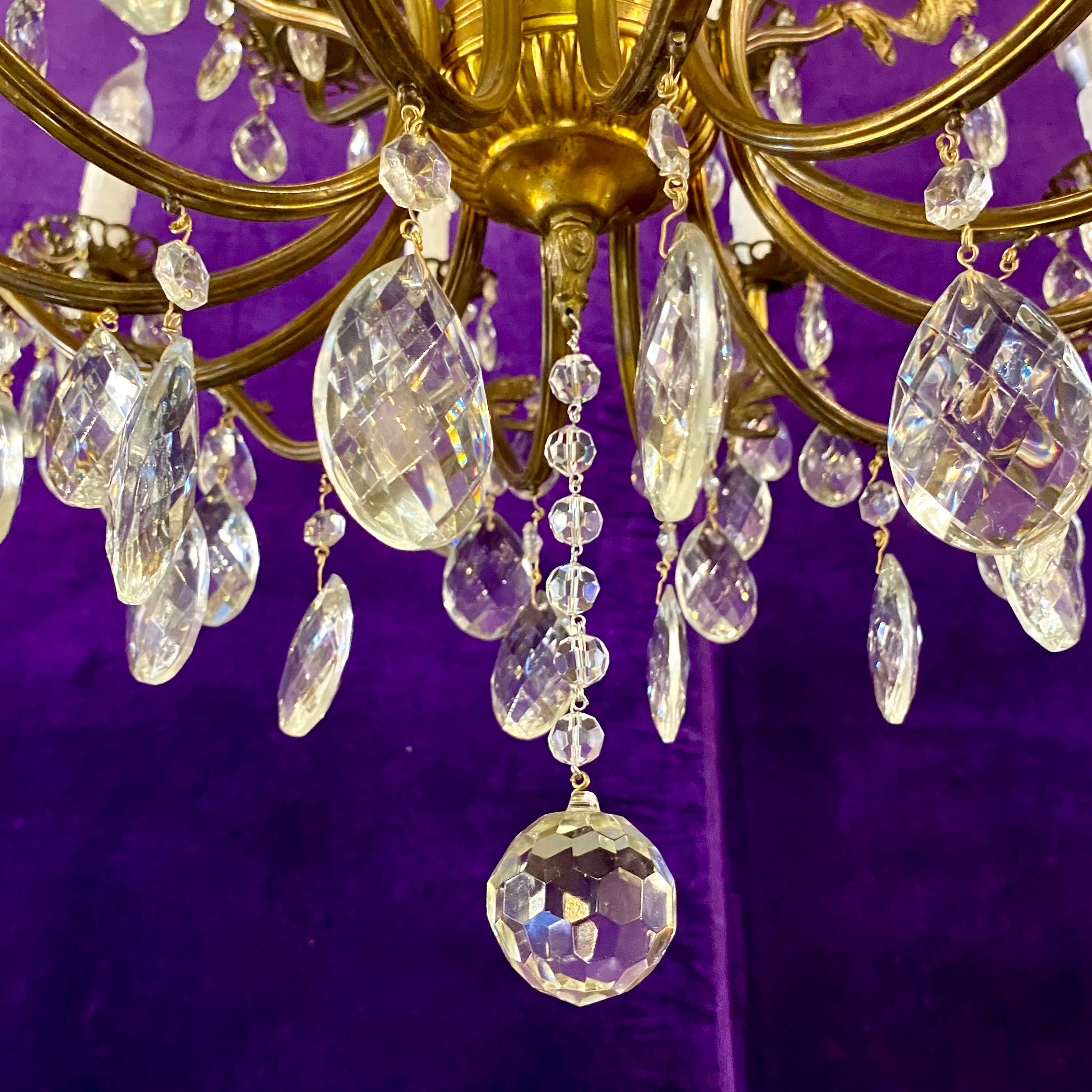 Antique Aged Brass and Crystal Chandelier