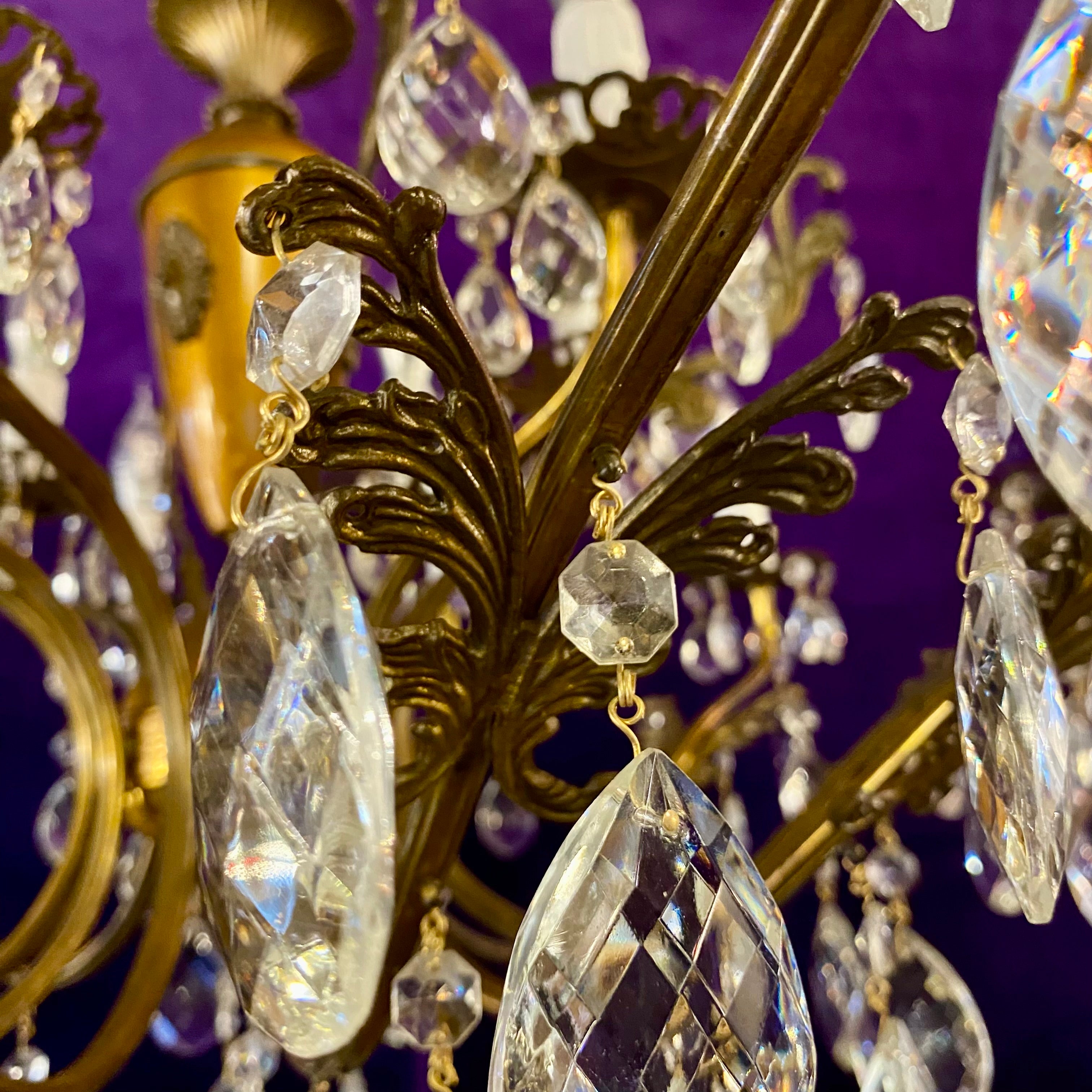 Antique Aged Brass and Crystal Chandelier