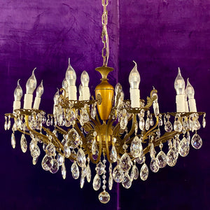 Antique Aged Brass and Crystal Chandelier