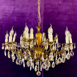 Antique Aged Brass and Crystal Chandelier