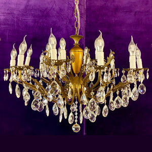 Antique Aged Brass and Crystal Chandelier