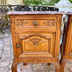 Pair of Antique Oak Bedside Pedestals with Marble Top - SOLD