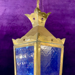 Polished Brass Lantern with Pressed Cobalt Blue Glass