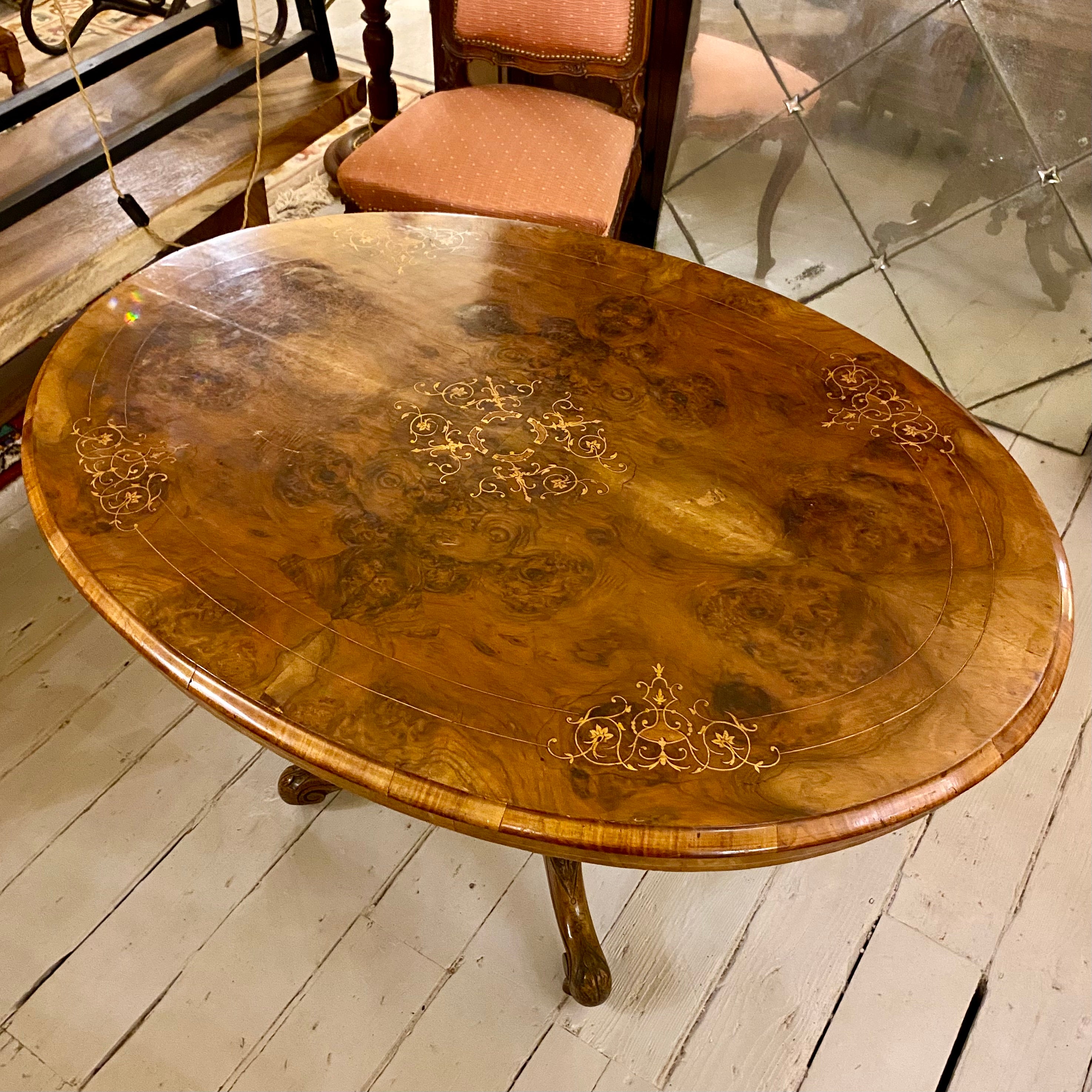 Antique Oval Burr Walnut Inlaid Dining Room Table