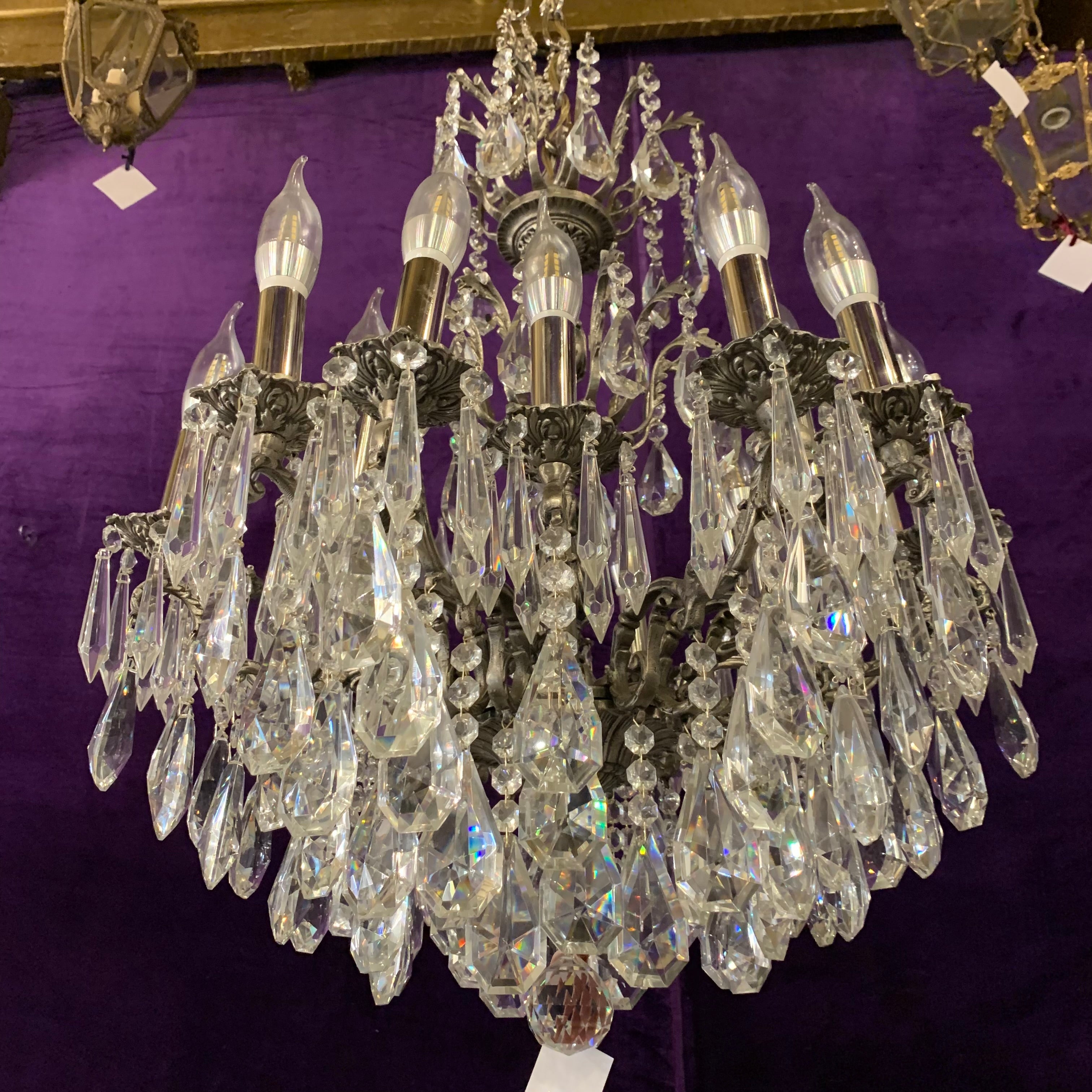 Antique French Nickel Chandelier with Heavy Crystals