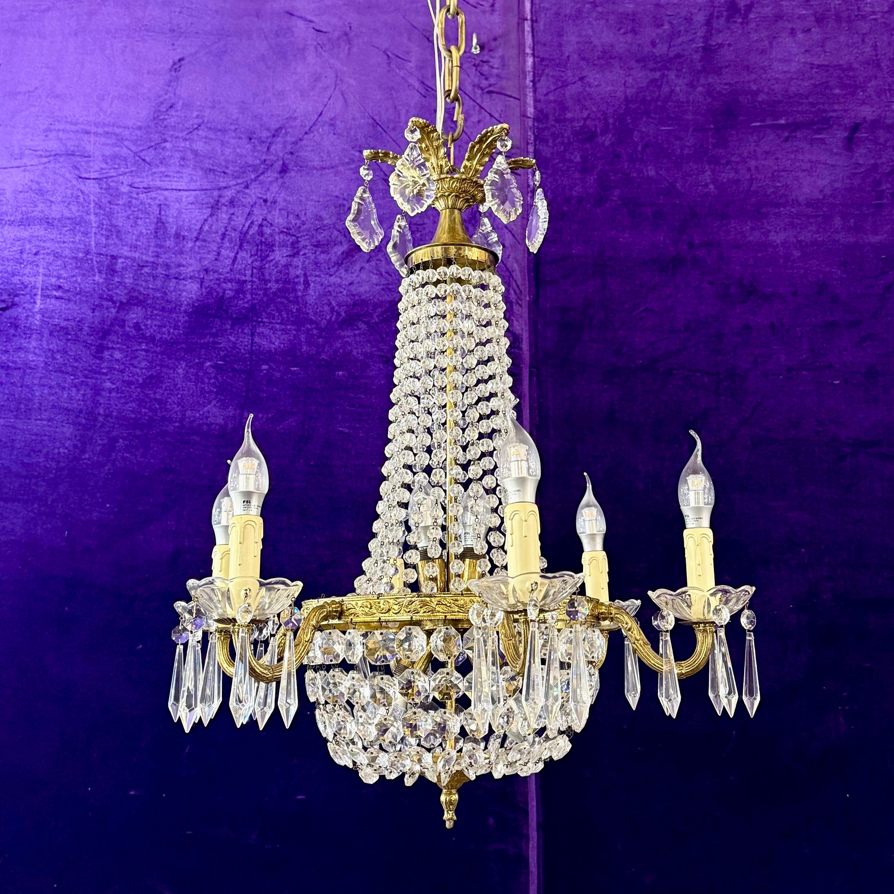 Antique French Empire-Era Neoclassical Chandelier in Gilt Brass with Original Crystals