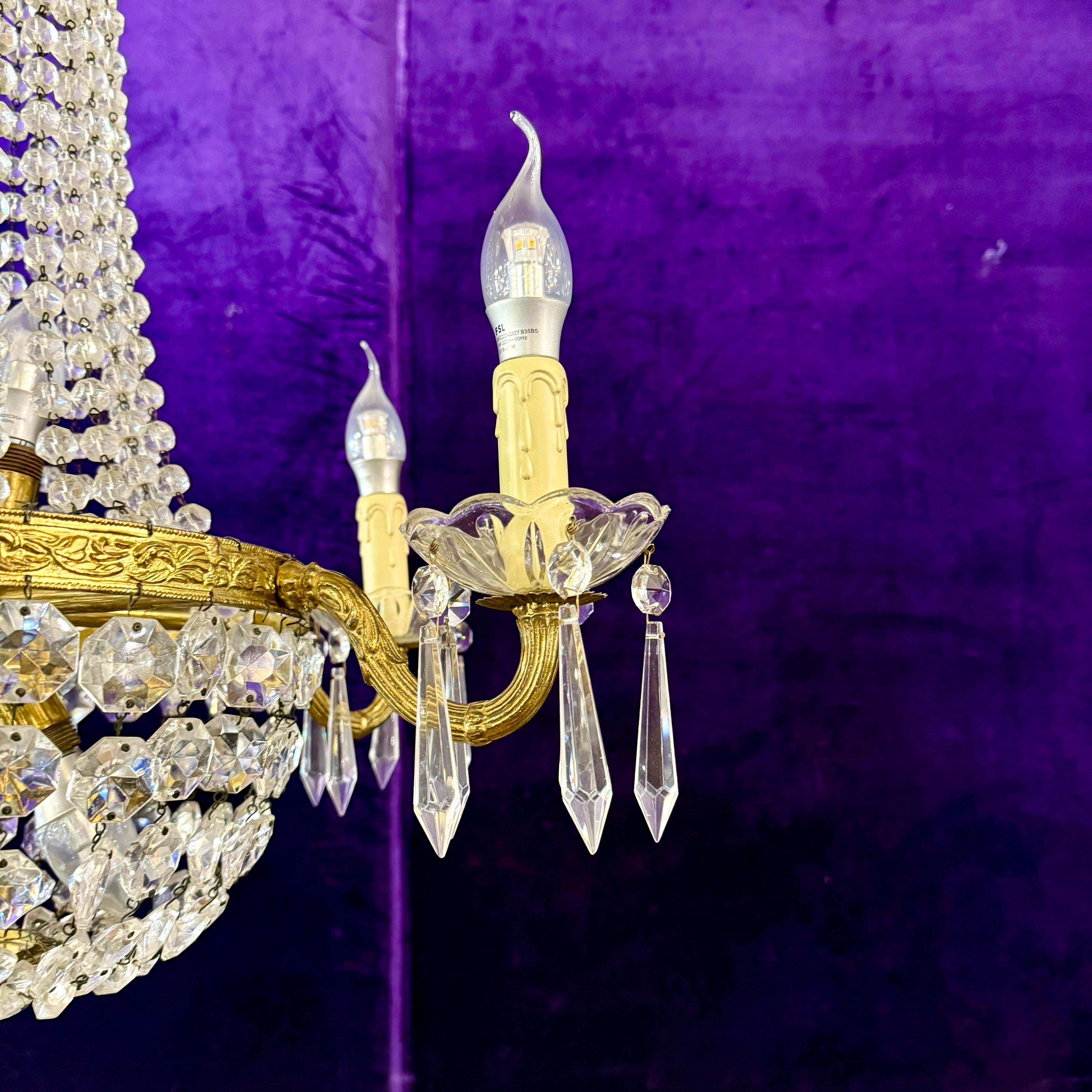 Antique French Empire-Era Neoclassical Chandelier in Gilt Brass with Original Crystals