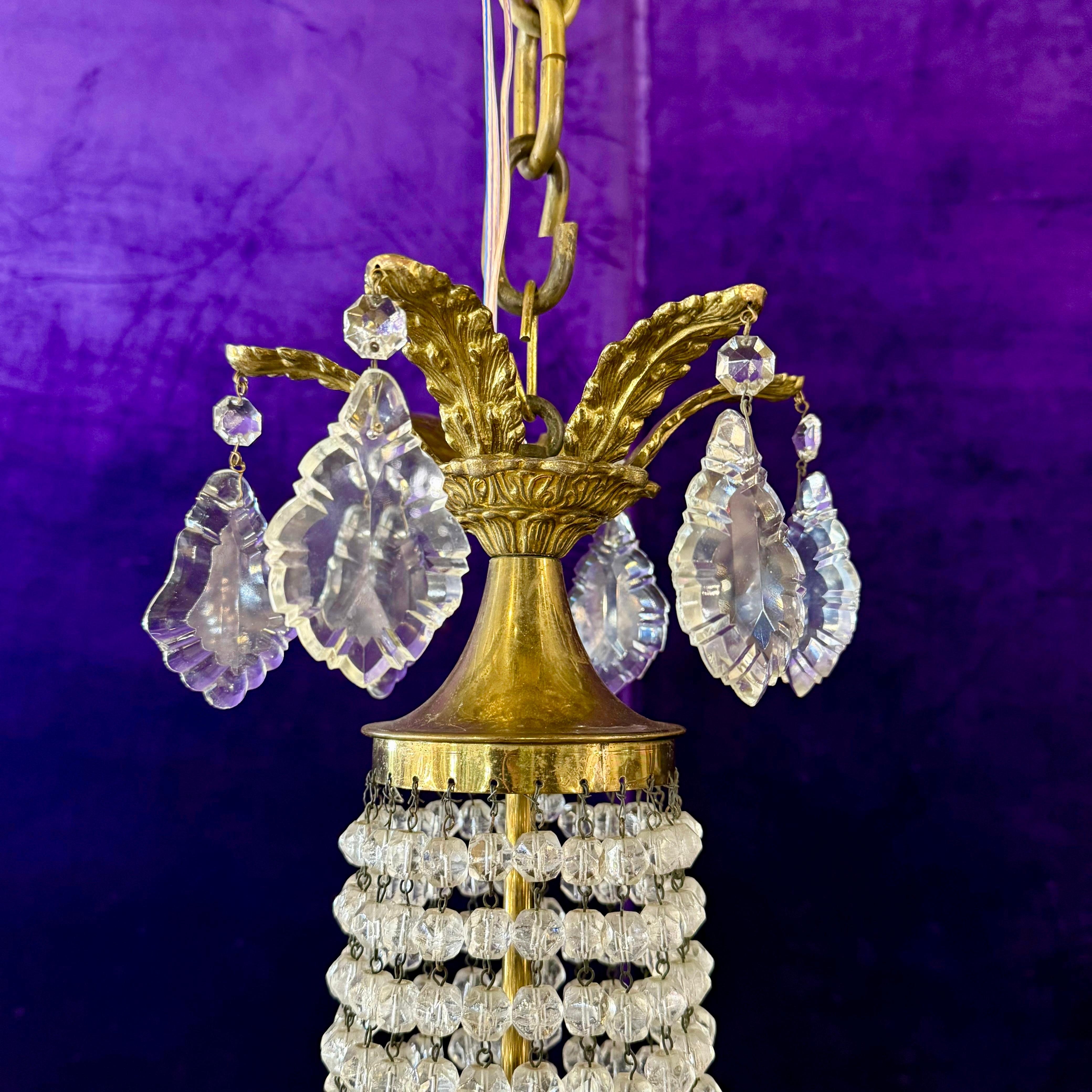 Antique French Empire-Era Neoclassical Chandelier in Gilt Brass with Original Crystals