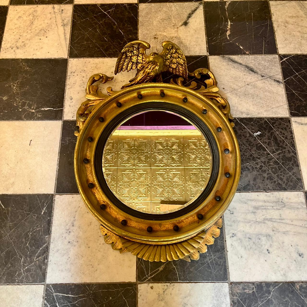 Vintage Gold Round Mirror Adorned with an Eagle