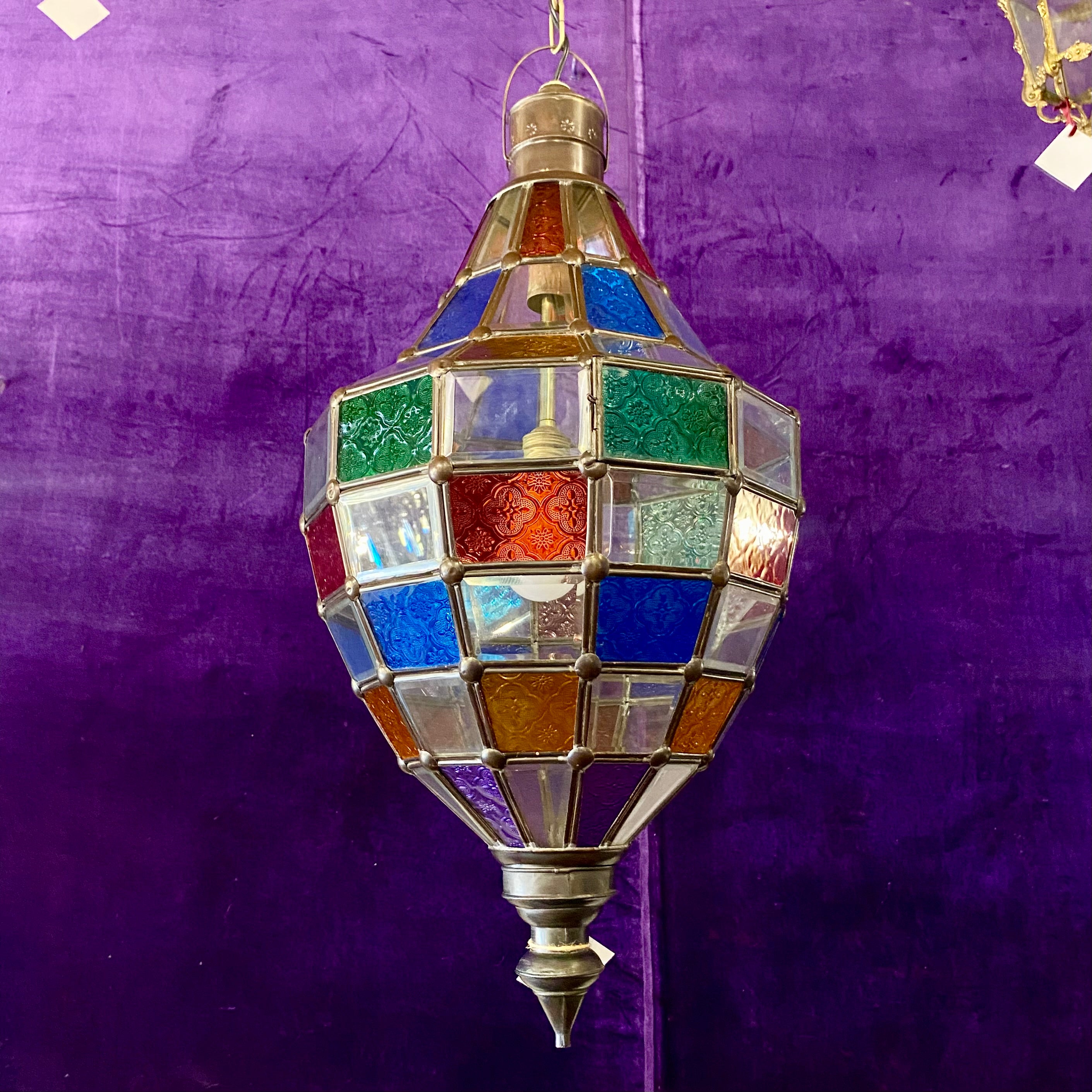 Antique Brass Lantern with Pressed Coloured Glass