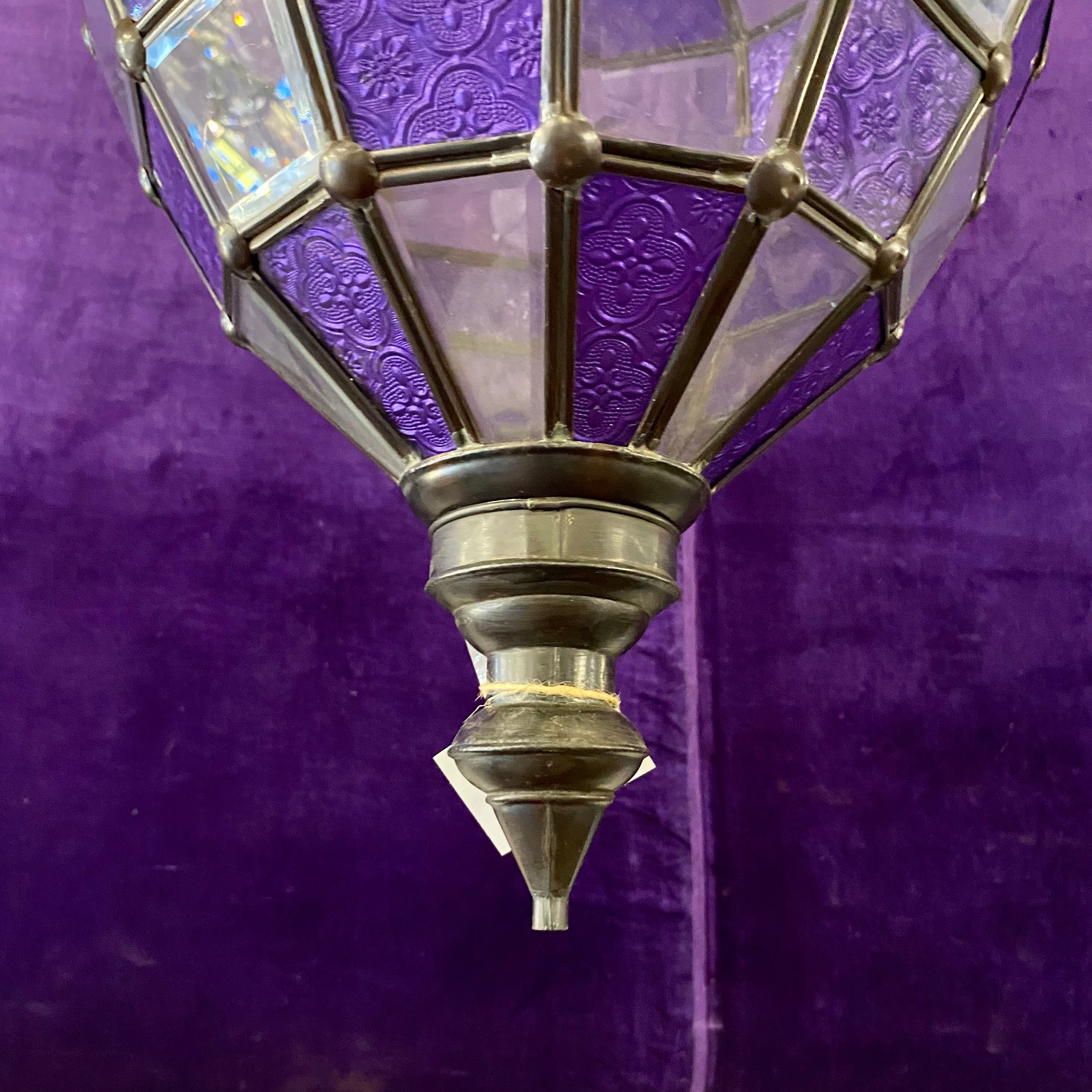 Antique Brass Lantern with Pressed Glass Panels