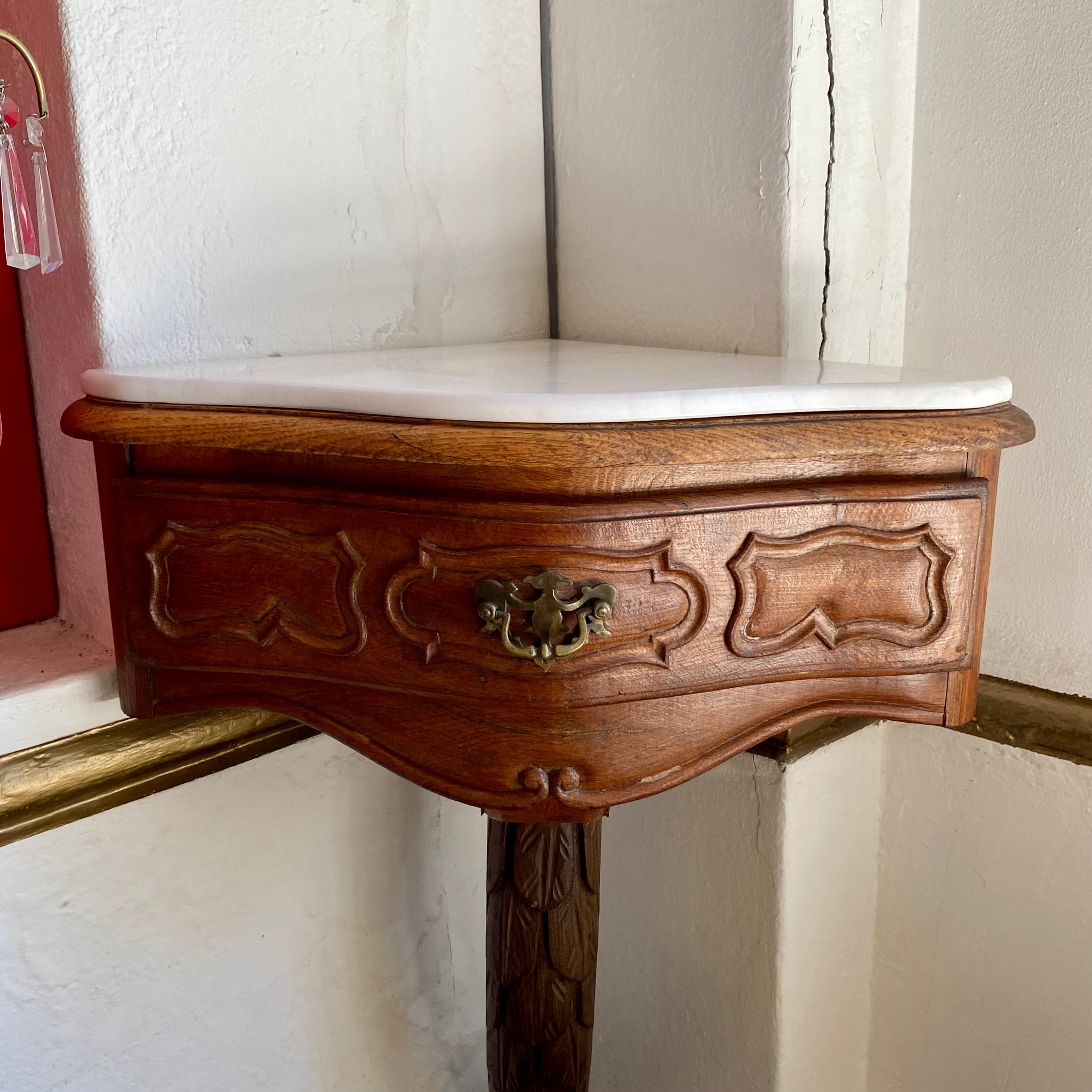 Pair of Floating Carved Oak Corner Shelf with Marble Top