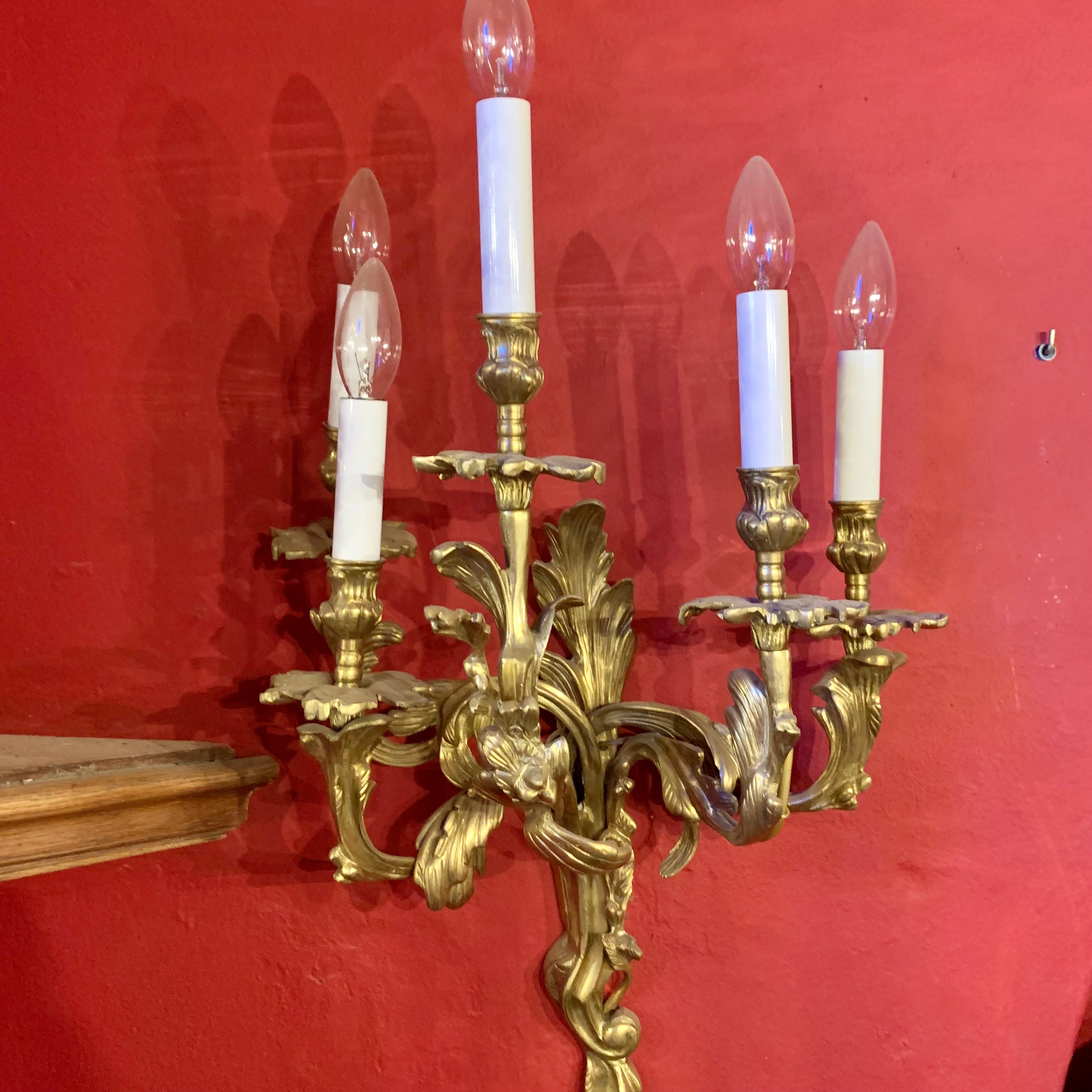Rococo Style Brass 5 Arm Wall Sconce