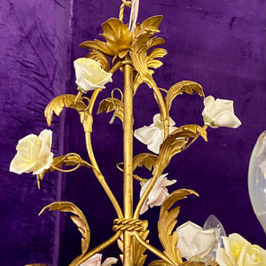 Beautiful Antique Gilt Brass Chandelier with Porcelain Flowers