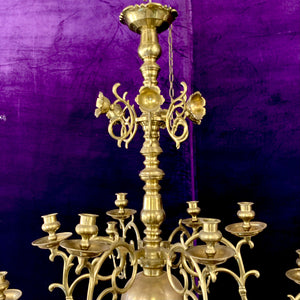 Grand Polished Brass Flemish Chandelier wih Floral Detail