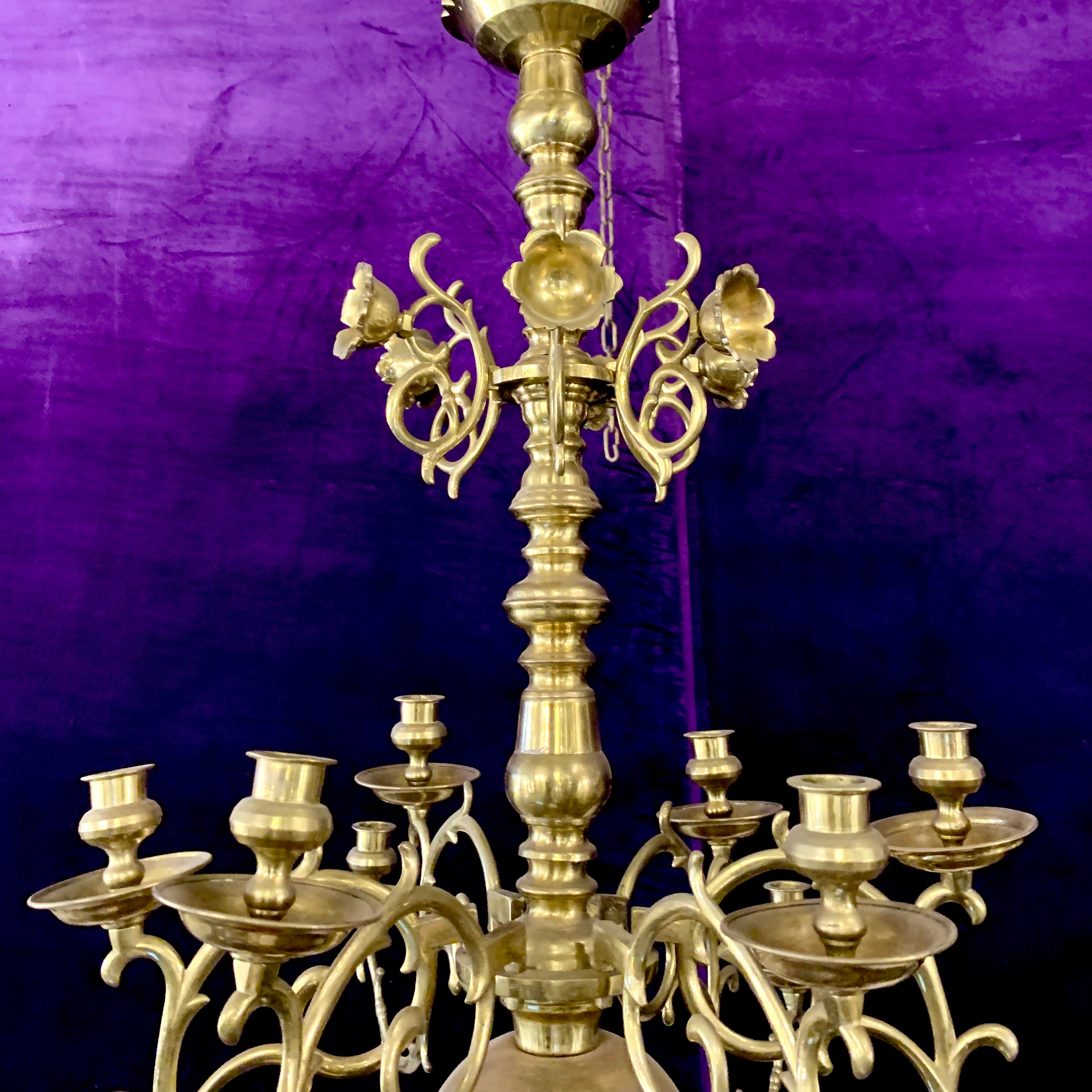 Grand Polished Brass Flemish Chandelier wih Floral Detail