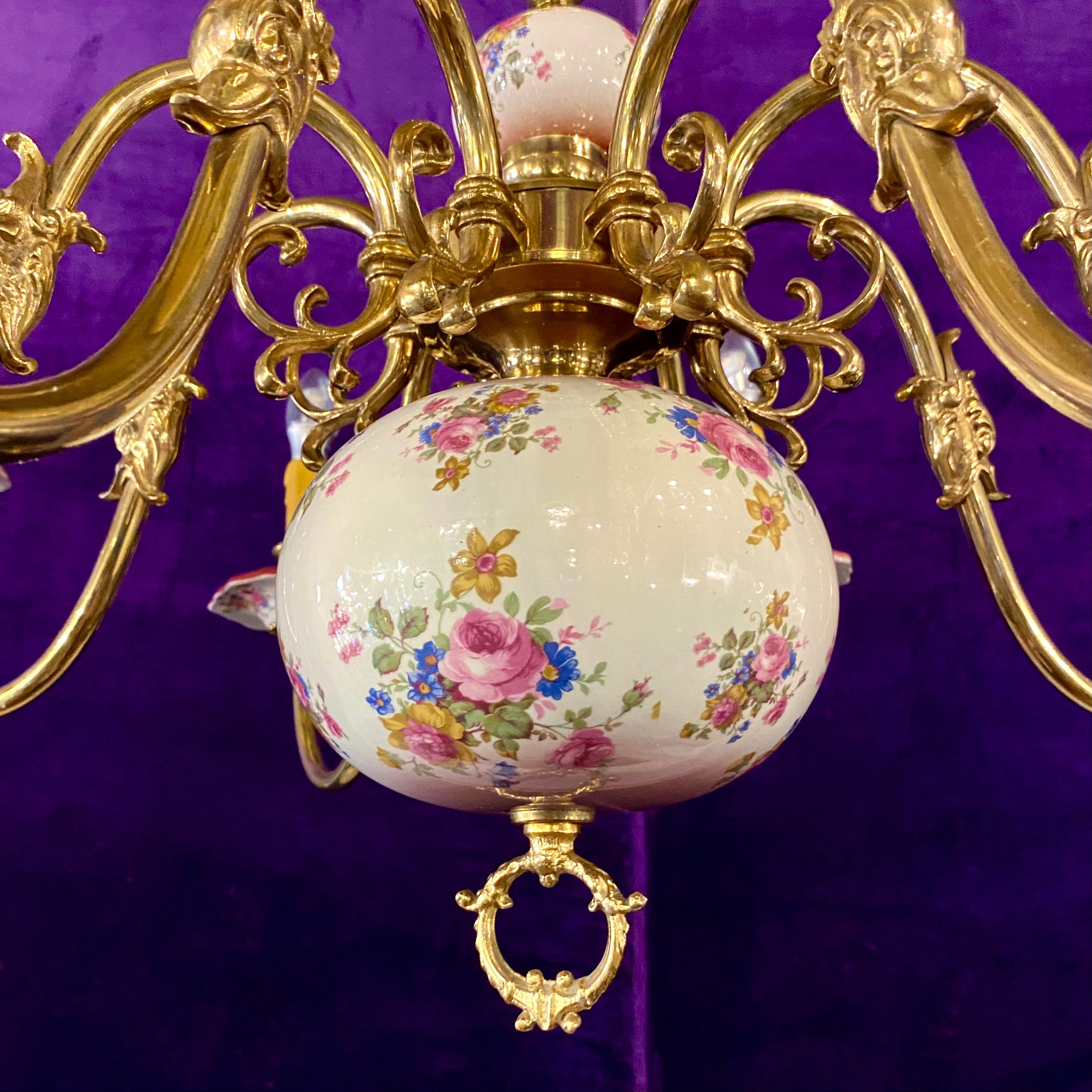 Vintage Pink & Polished Brass Delft Chandelier