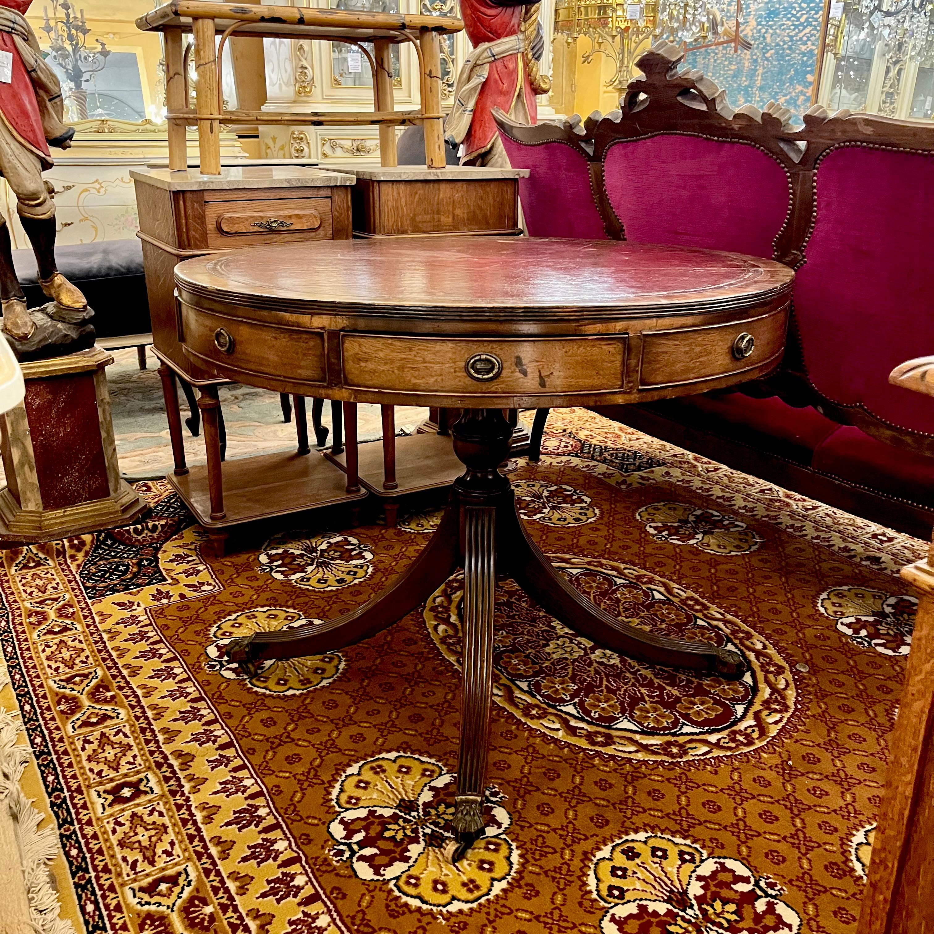 Regency-Style Mahogany Drum Table with Tooled Leather Top, c. Early 20th Century