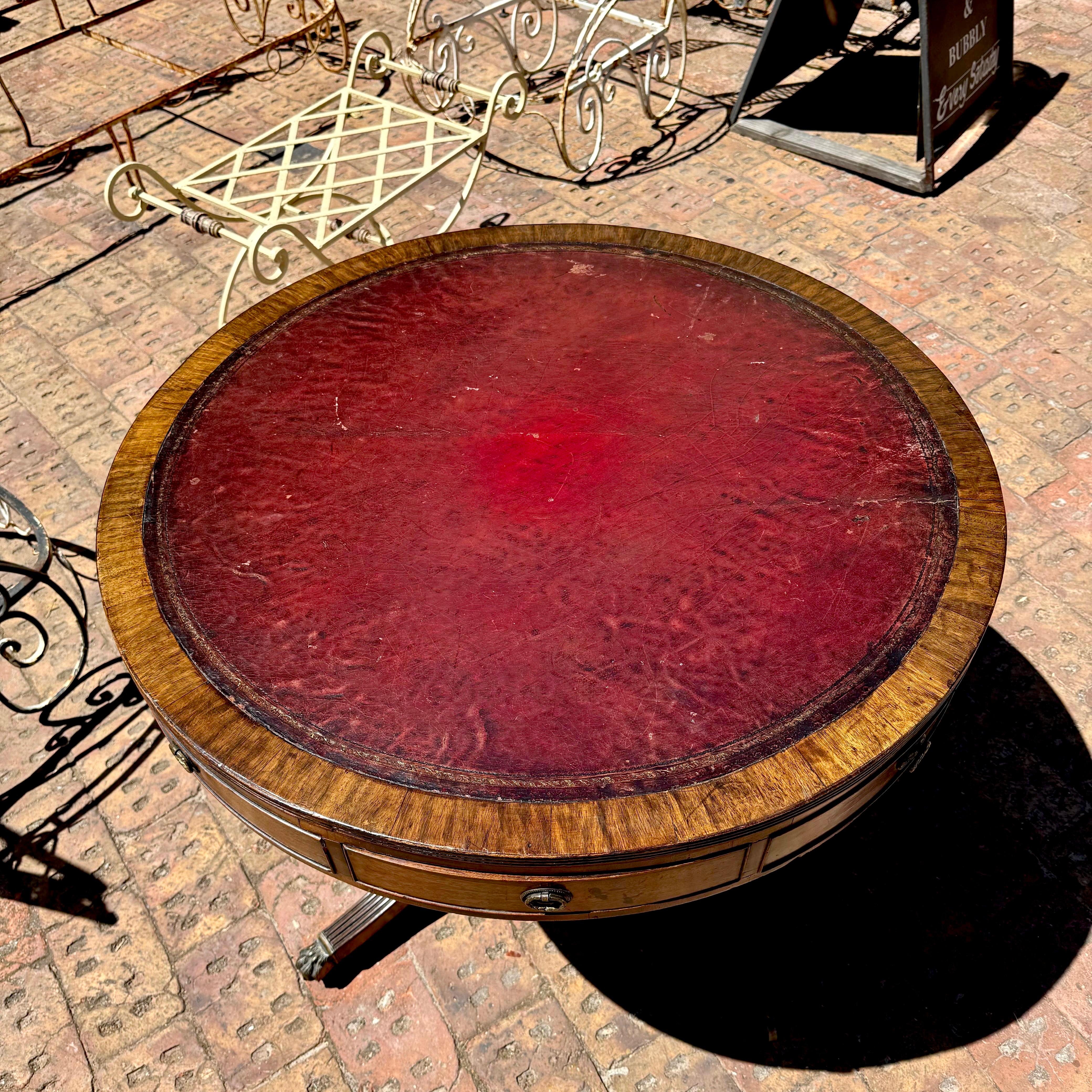 Regency-Style Mahogany Drum Table with Tooled Leather Top, c. Early 20th Century