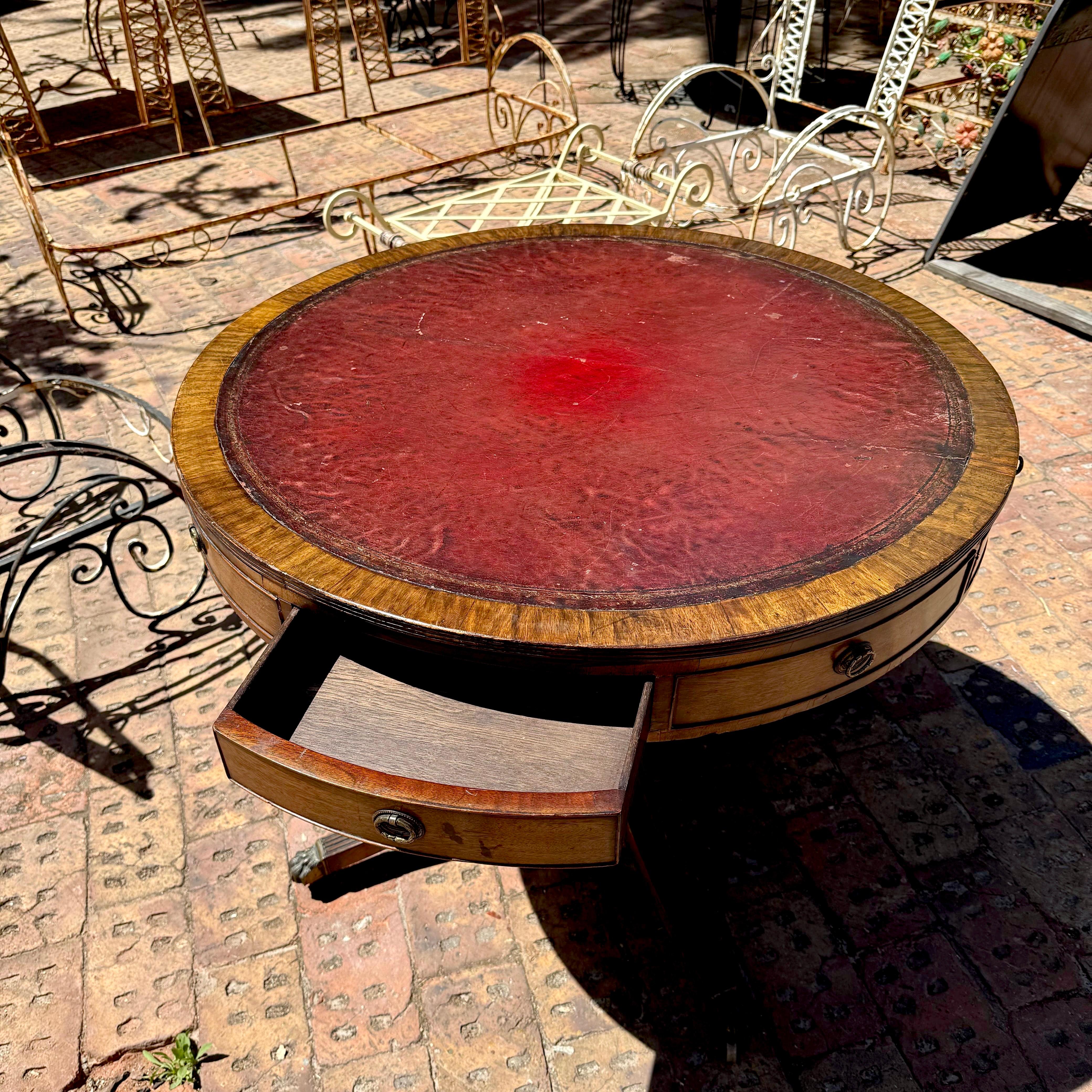 Regency-Style Mahogany Drum Table with Tooled Leather Top, c. Early 20th Century