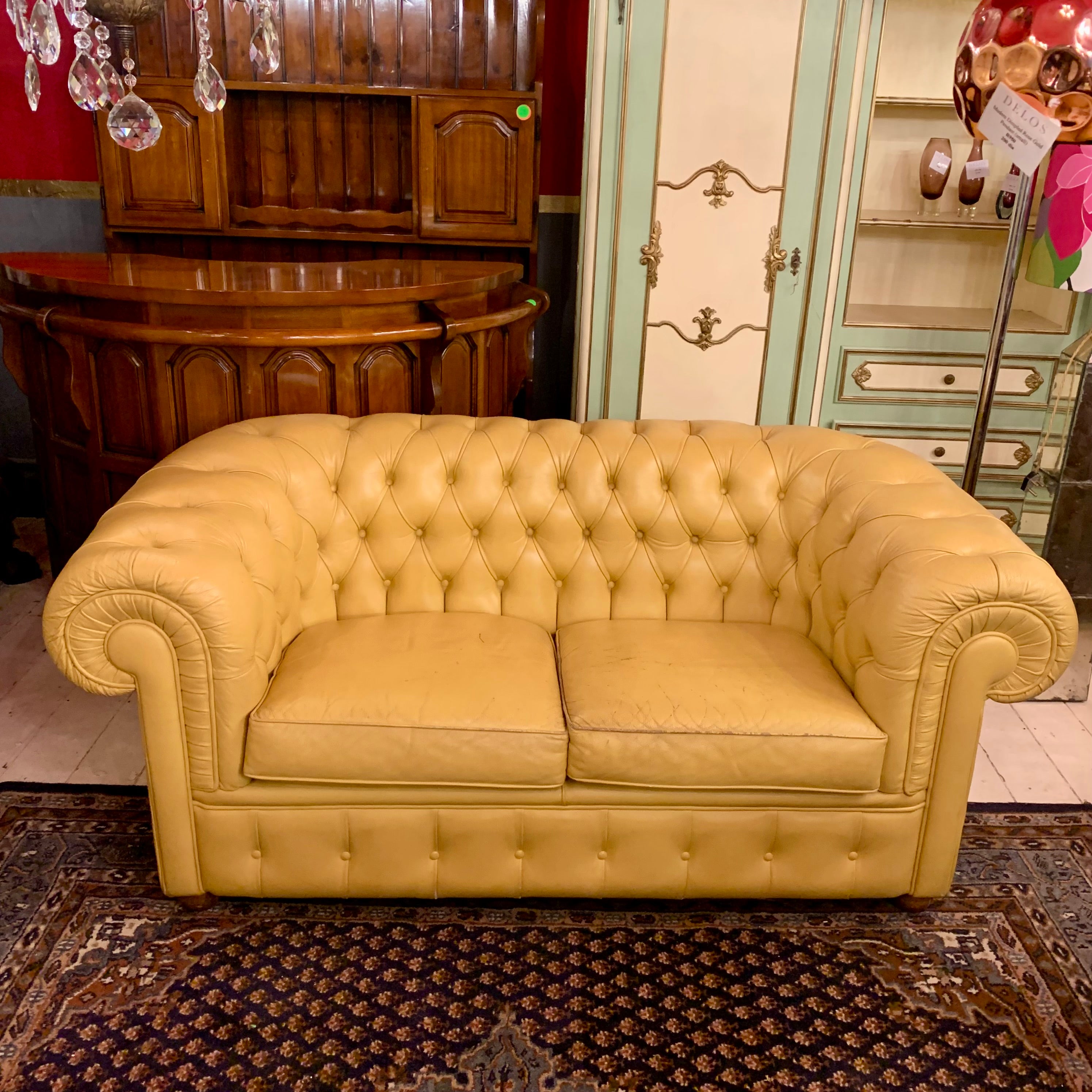 Vintage Sunshine Yellow Leather Button Sofas - SOLD