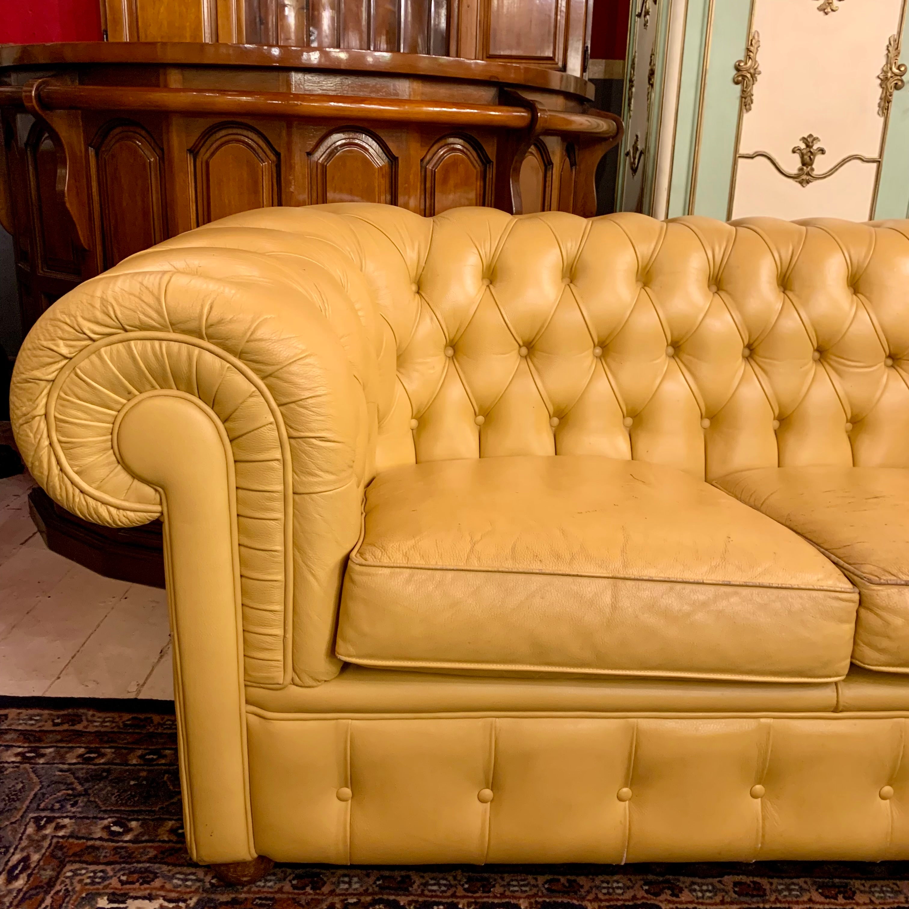 Vintage Sunshine Yellow Leather Button Sofas