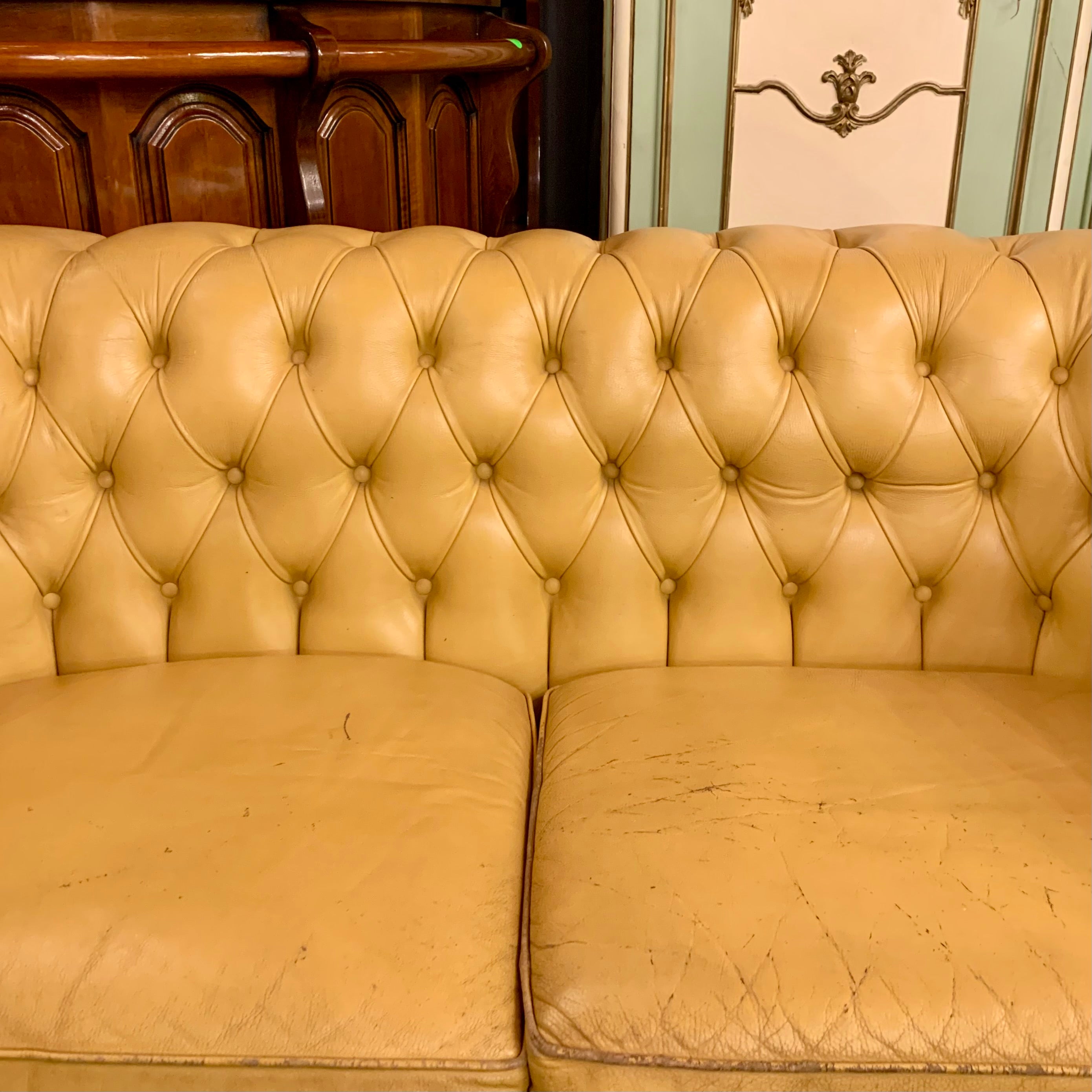 Vintage Sunshine Yellow Leather Button Sofas