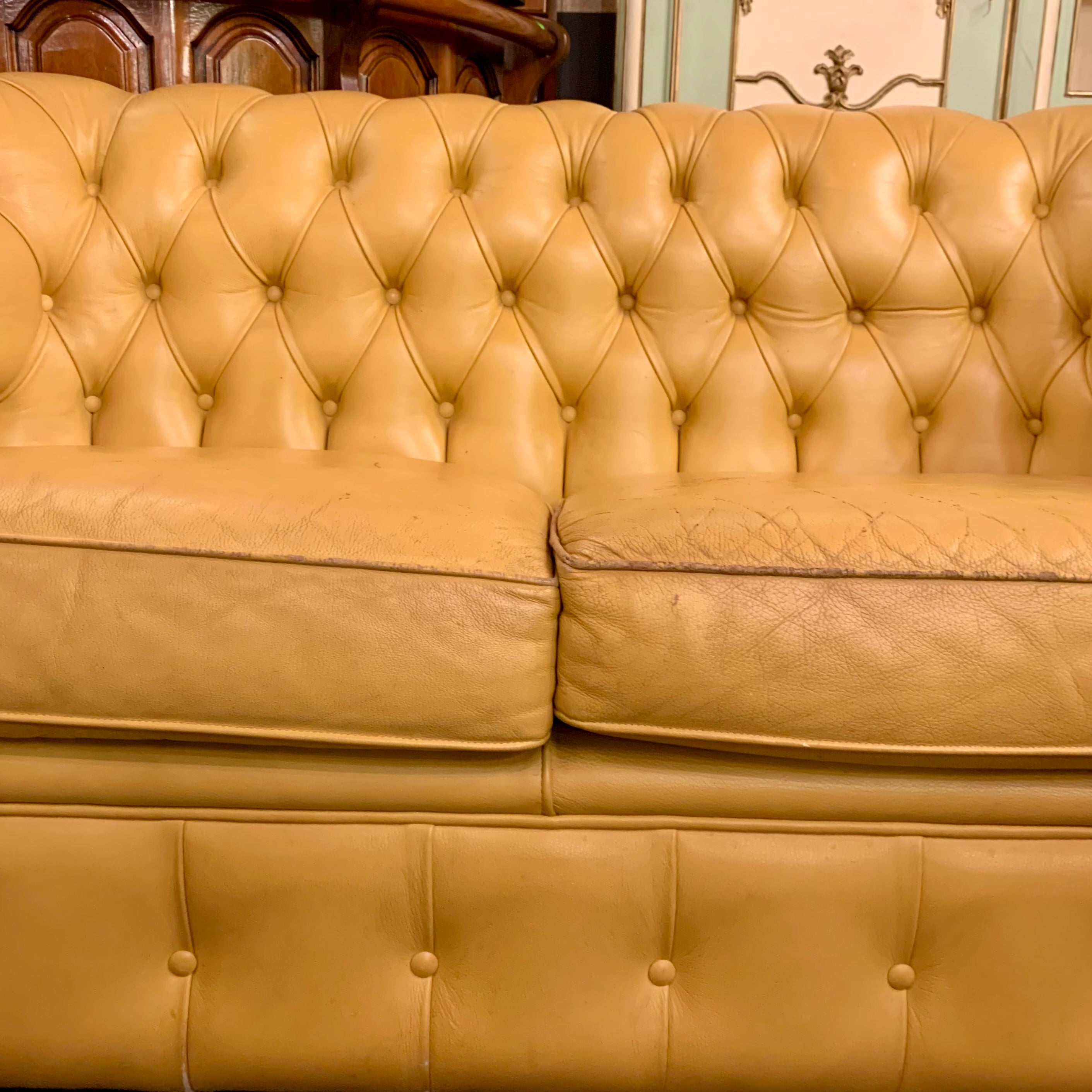 Vintage Sunshine Yellow Leather Button Sofas