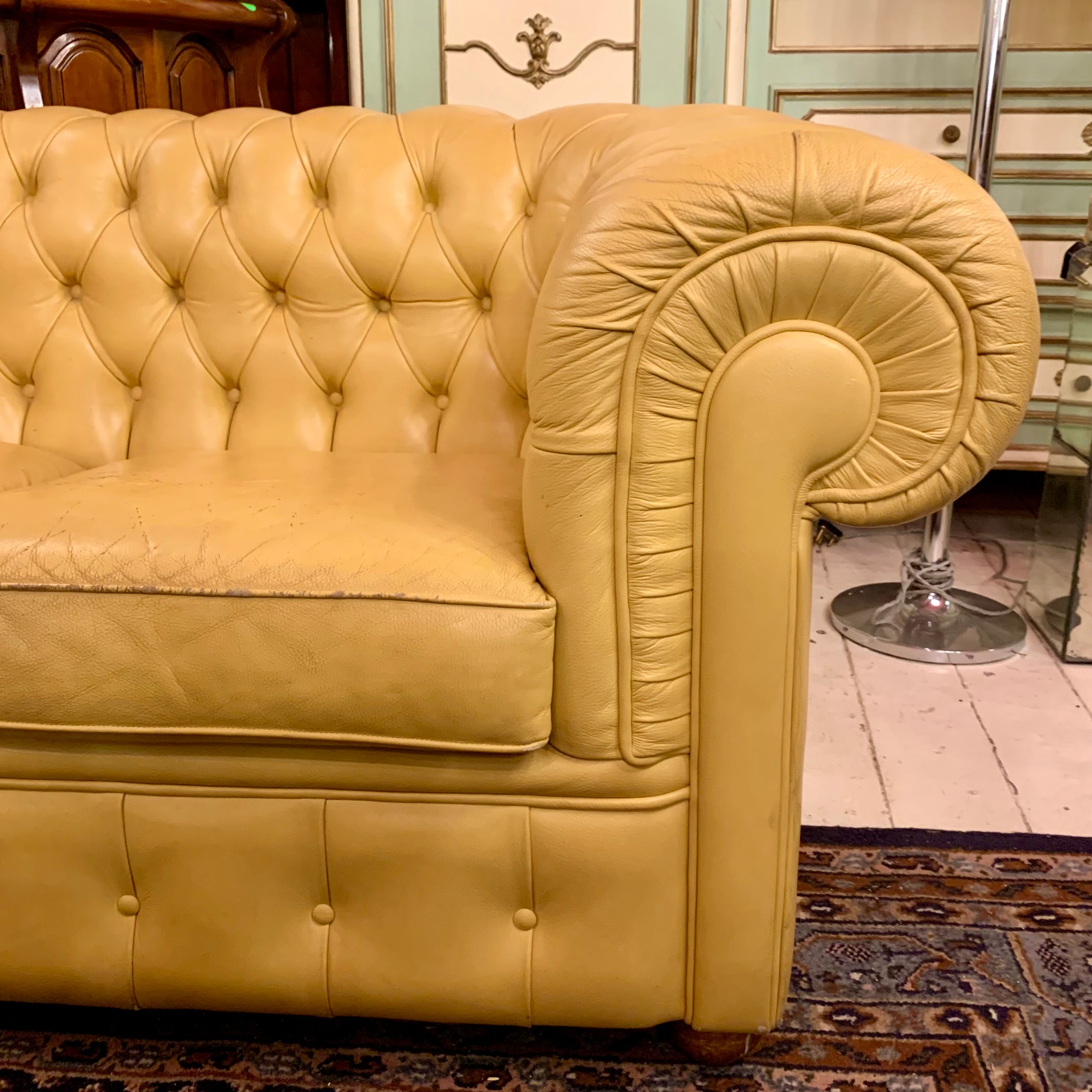 Vintage Sunshine Yellow Leather Button Sofas - SOLD